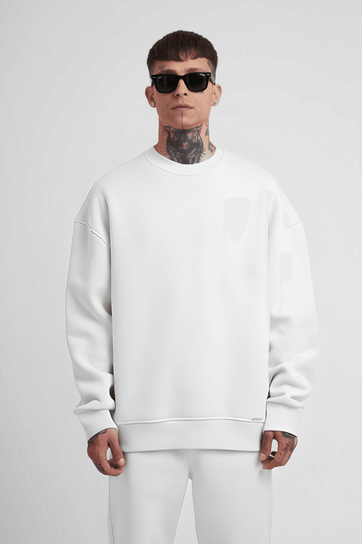 Erkek Beyaz Oversize Bol Kesim Kalın Uzun Kollu Sweatshirt image