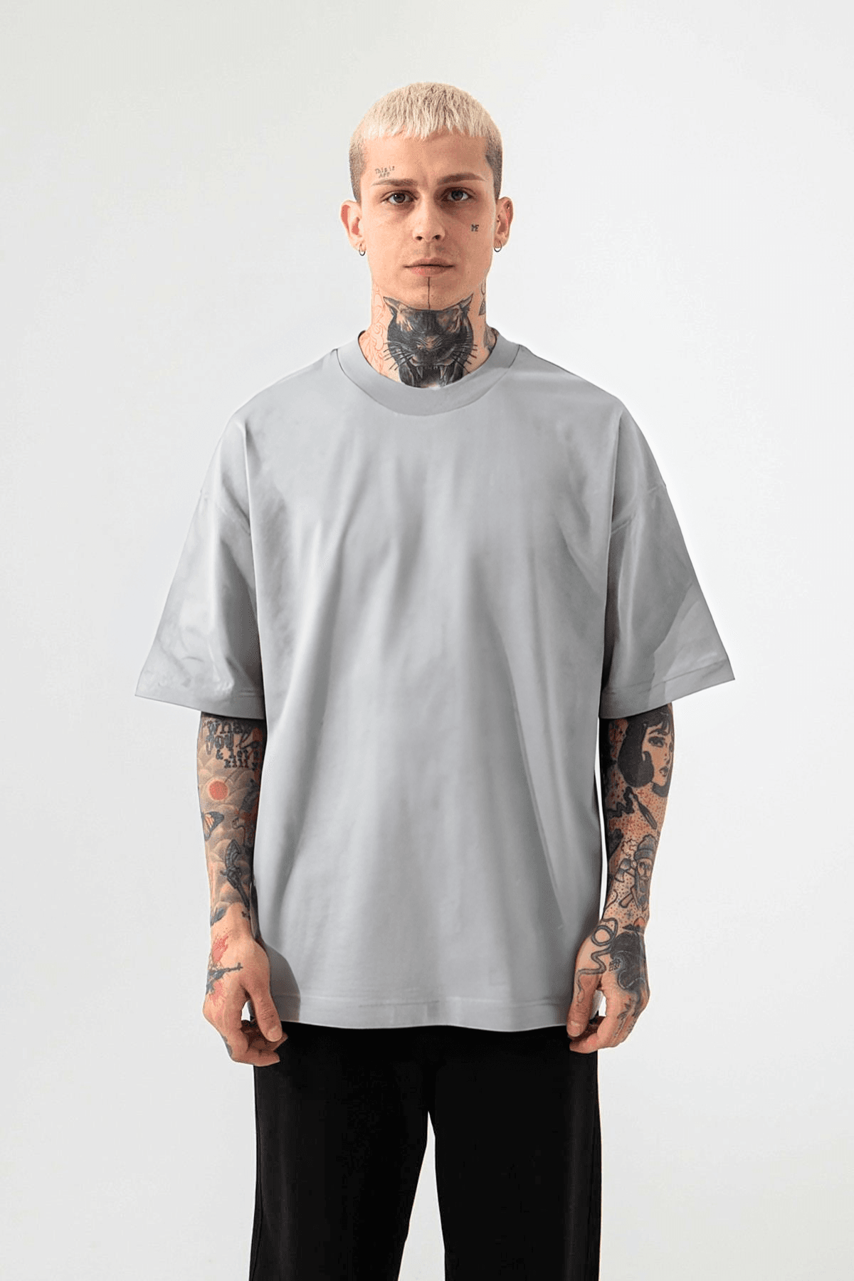 Erkek Gri Oversize Fit Rahat T-Shirt image