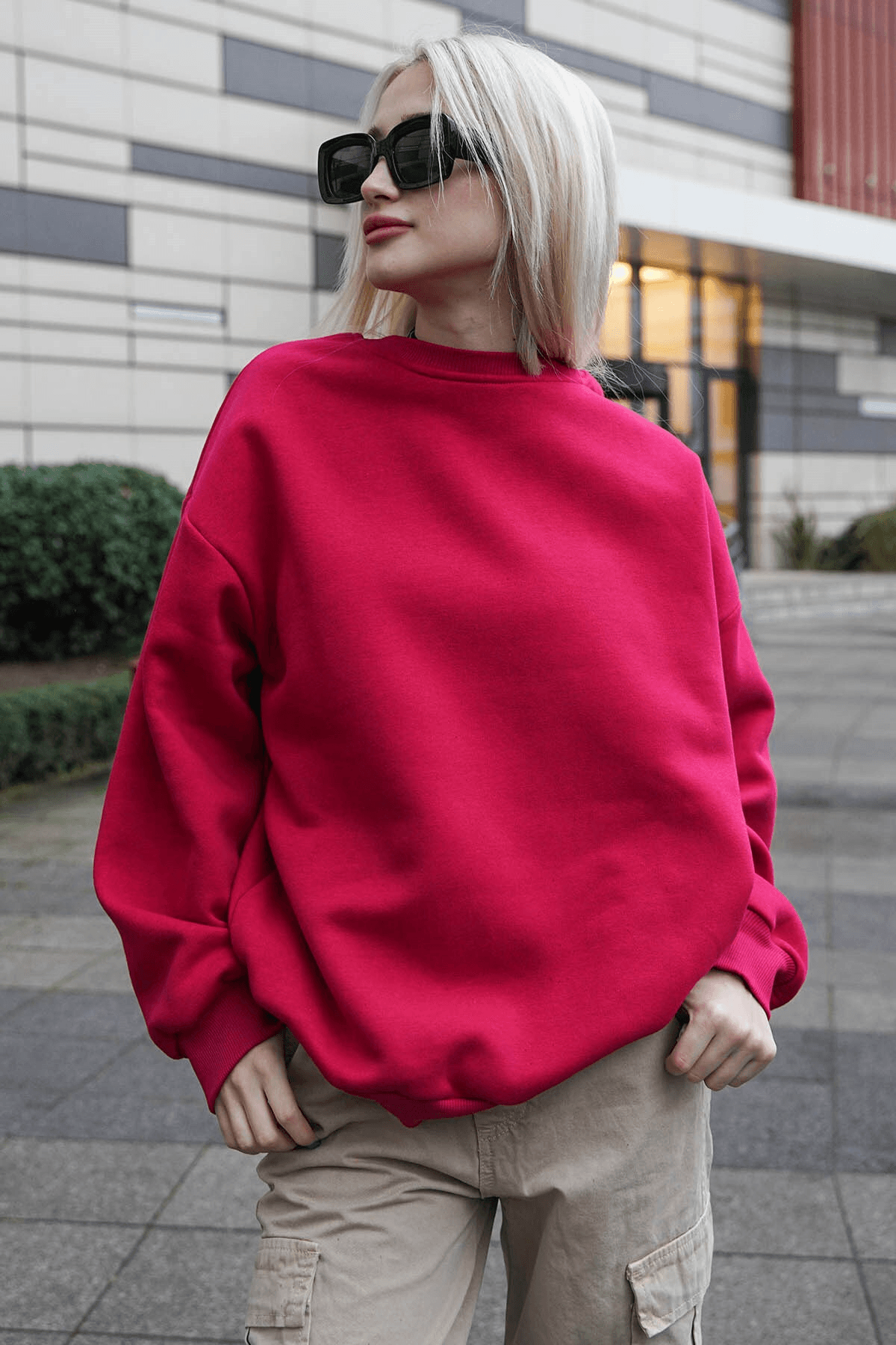 Kadın Kırmızı Oversize Bisiklet Yaka İçi Şardonlu Sweatshirt