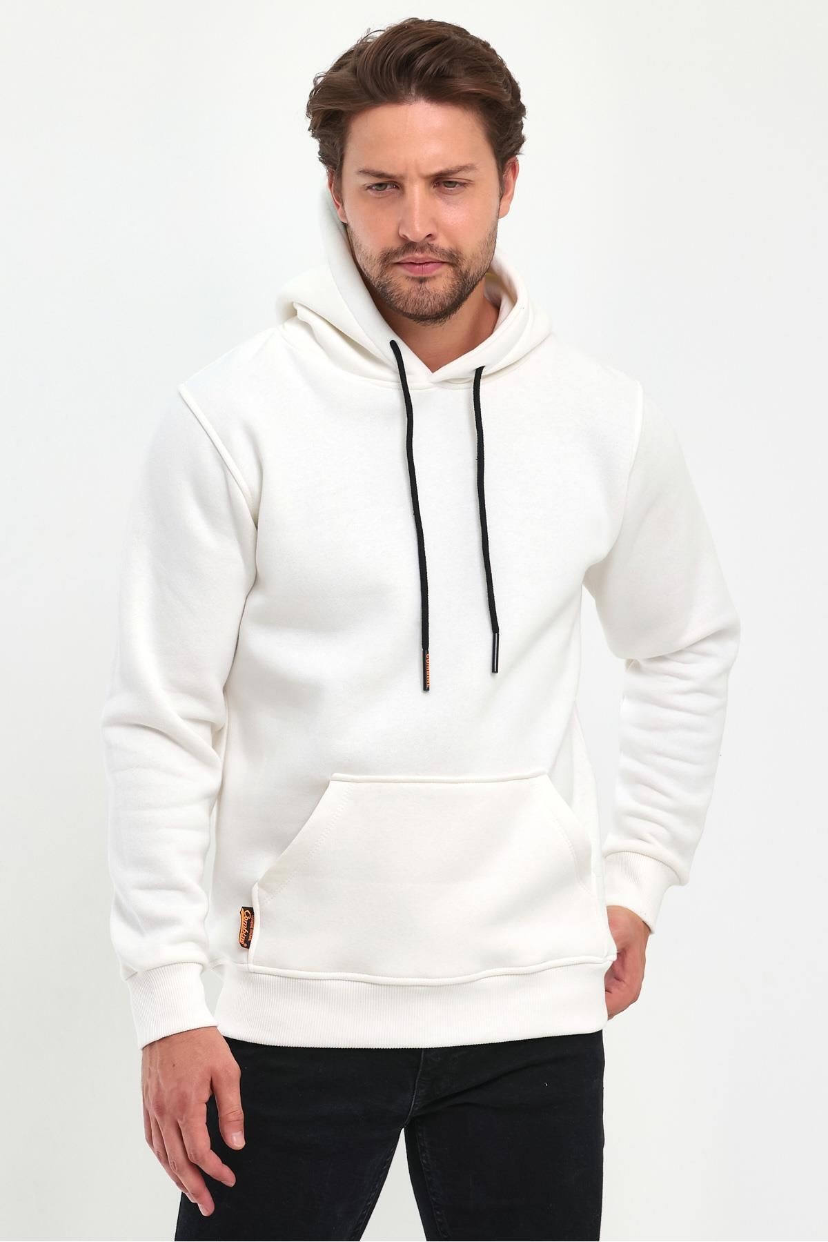 Erkek Beyaz Kapşonlu Kanguru Cep Hoodie Sweatshirt