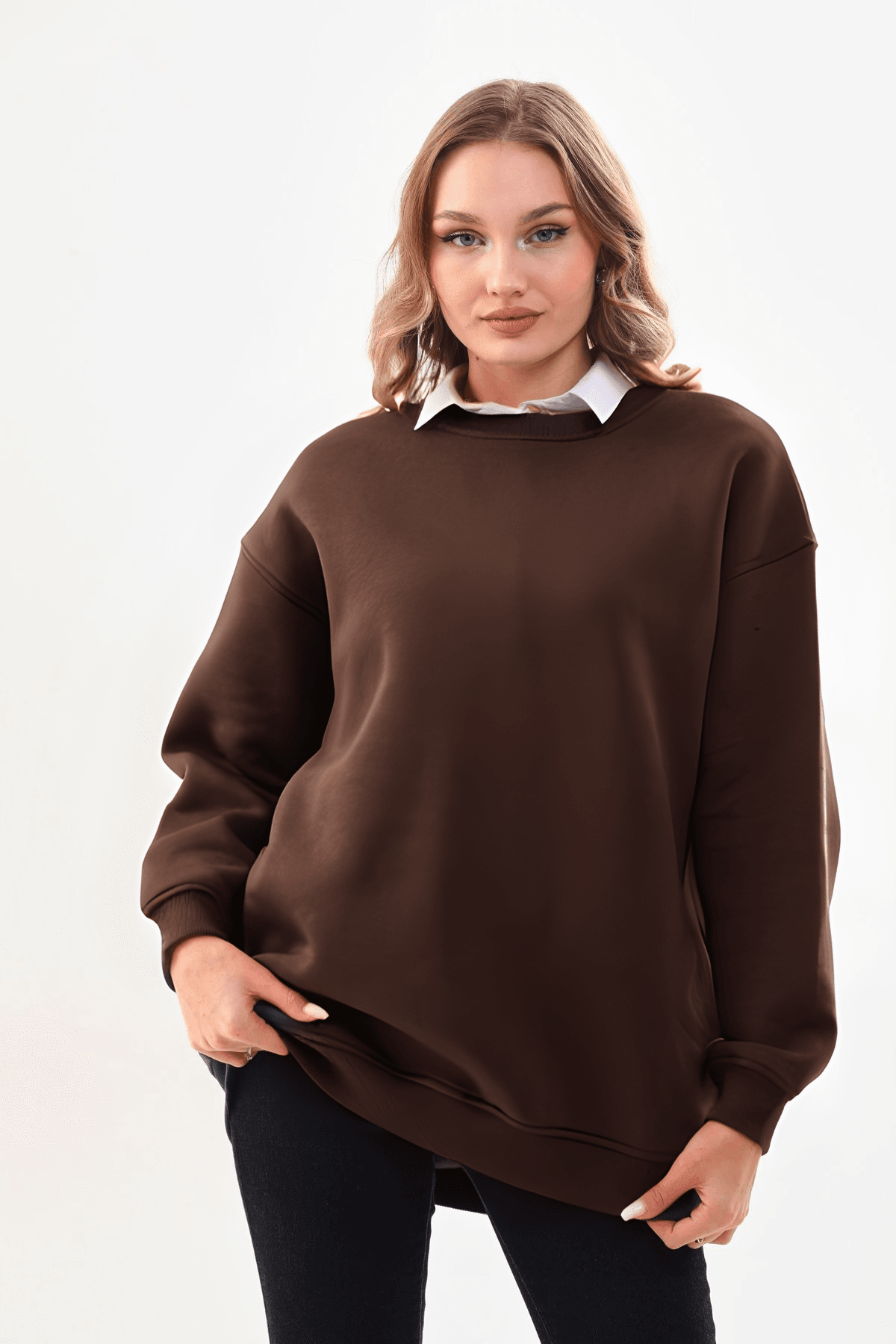 Kadın Kahverengi Bisiklet Yaka Oversize Sweatshirt image