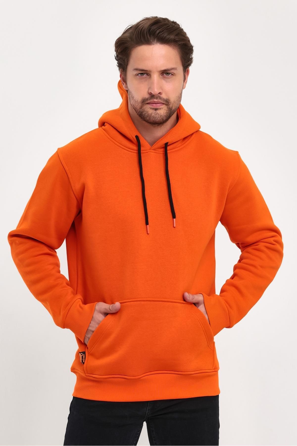 Erkek Turuncu Kapşonlu Kanguru Cep Hoodie Sweatshirt