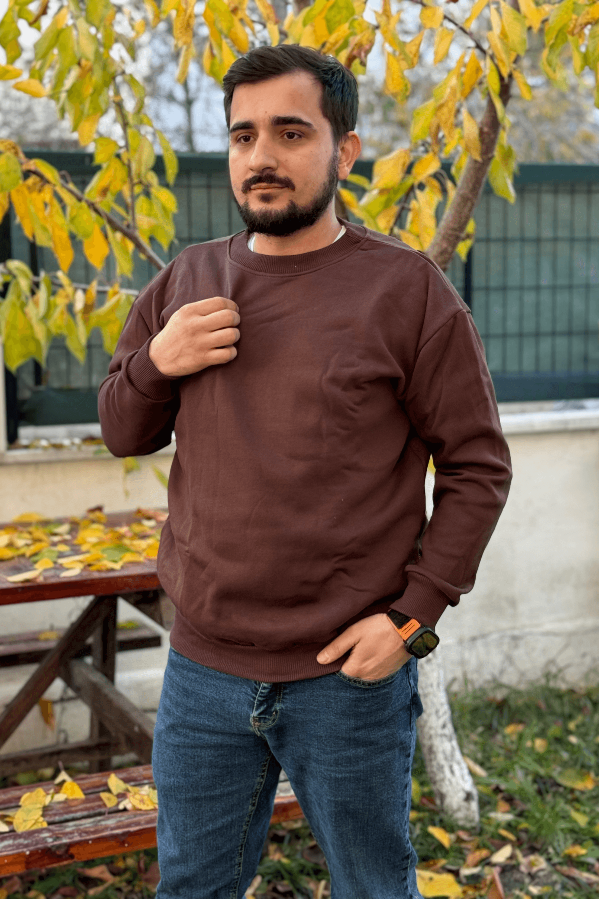 Erkek Kahverengi 3 İplik Oversize Bisiklet Yaka Sweatshirt