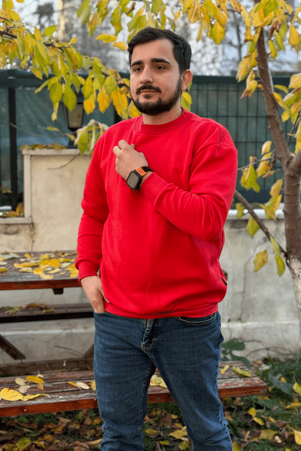 Erkek Kırmızı 3 İplik Oversize Bisiklet Yaka Sweatshirt