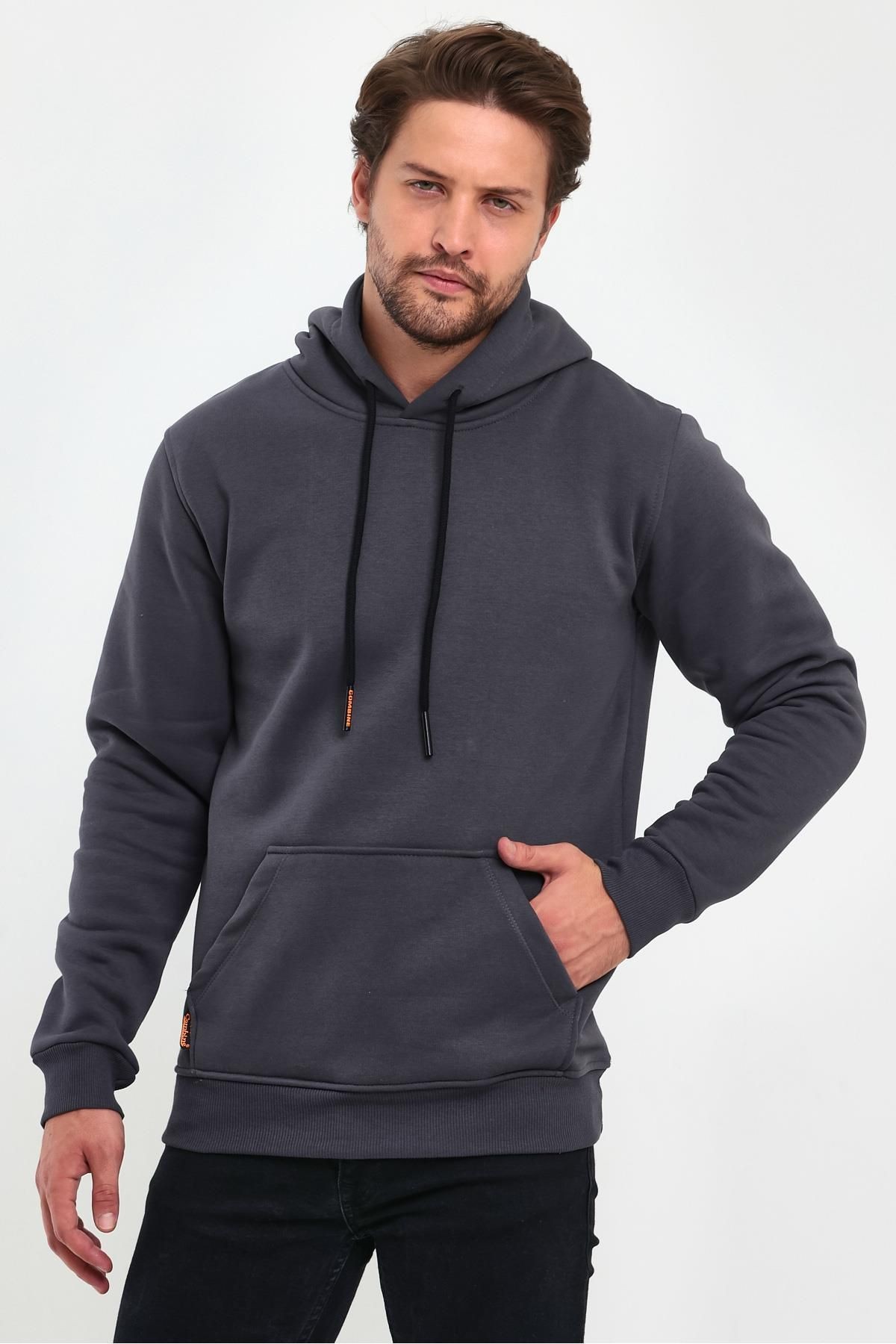 Erkek Füme Kapşonlu Kanguru Cep Hoodie Sweatshirt