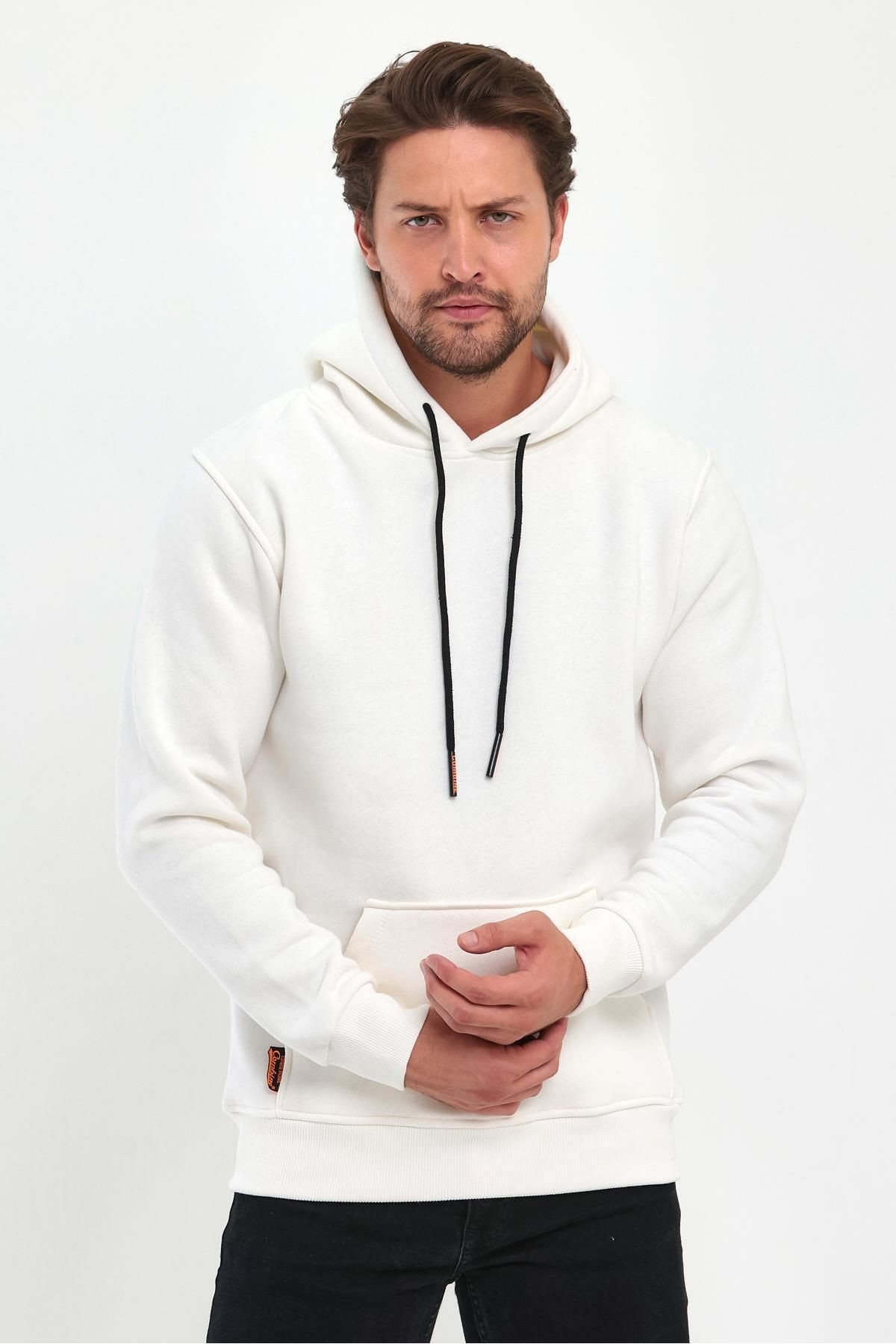 Erkek Beyaz Kapşonlu Kanguru Cep Hoodie Sweatshirt