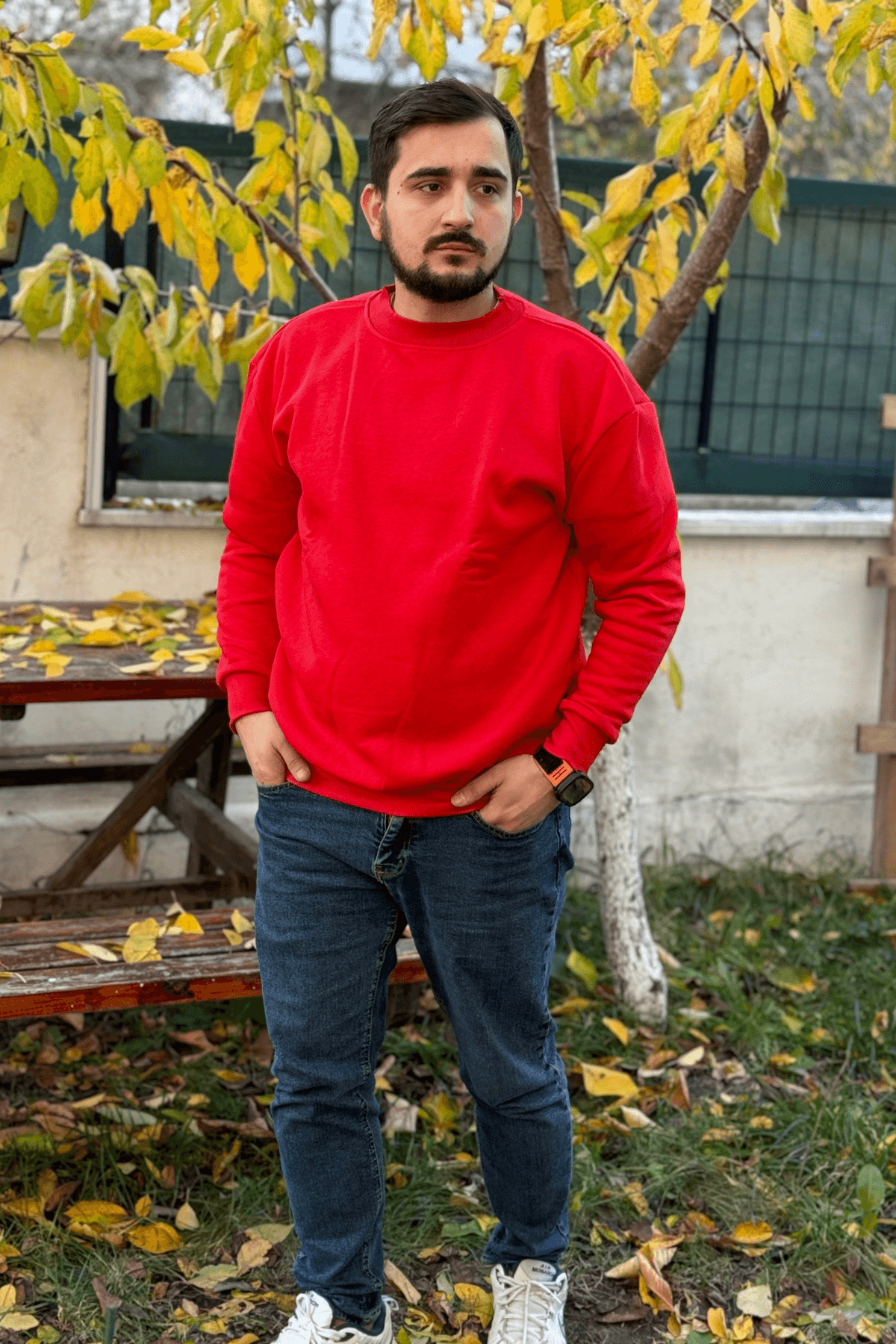 Erkek Kırmızı 3 İplik Oversize Bisiklet Yaka Sweatshirt image