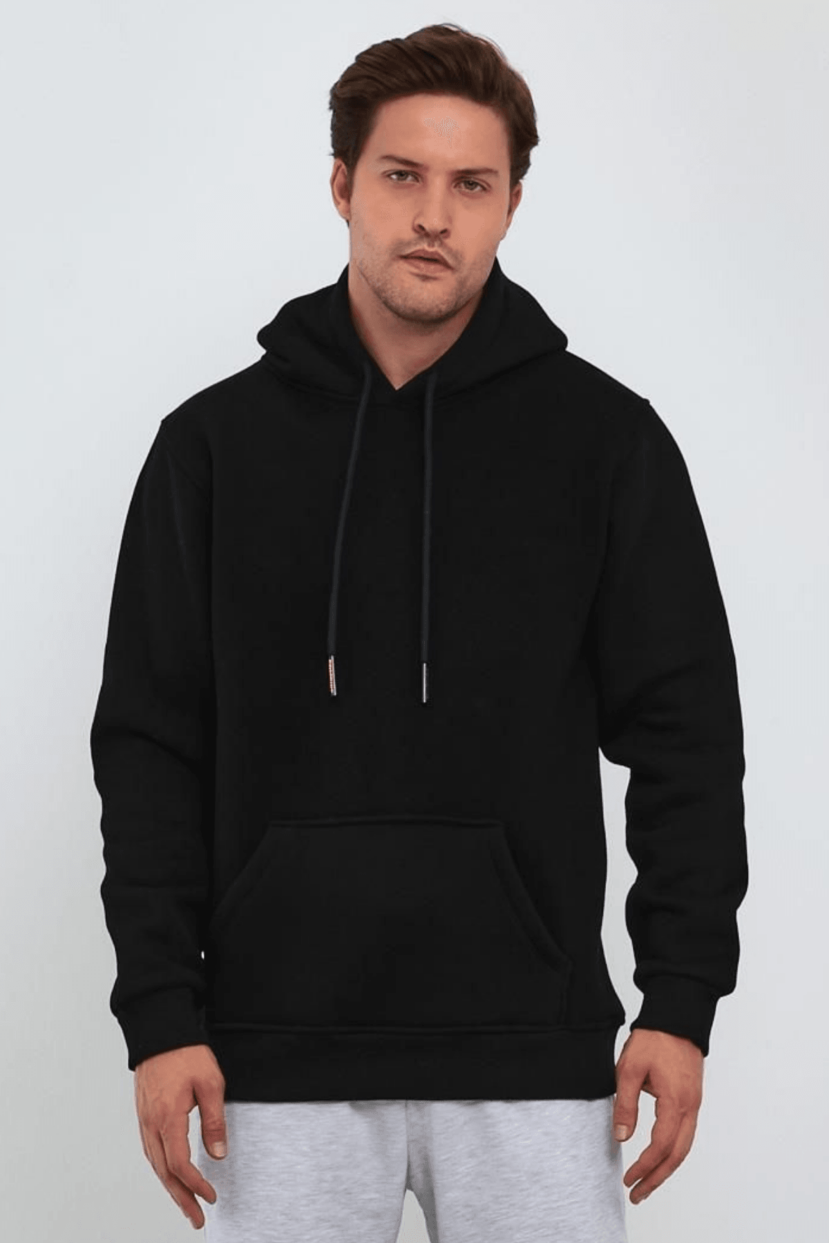 Erkek Siyah Kapşonlu Kanguru Cep Hoodie Sweatshirt