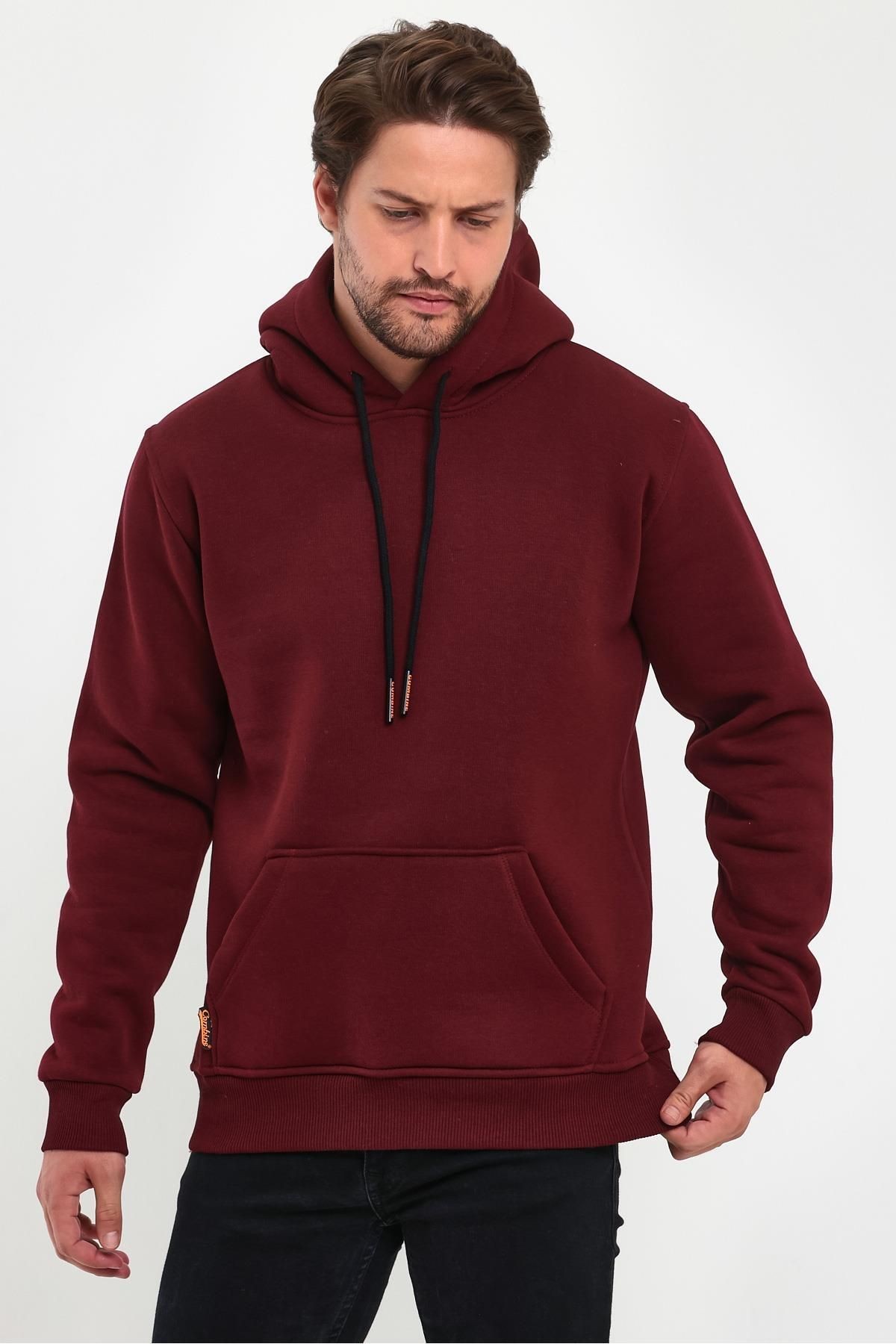 Erkek Bordo Kapşonlu Kanguru Cep Hoodie Sweatshirt