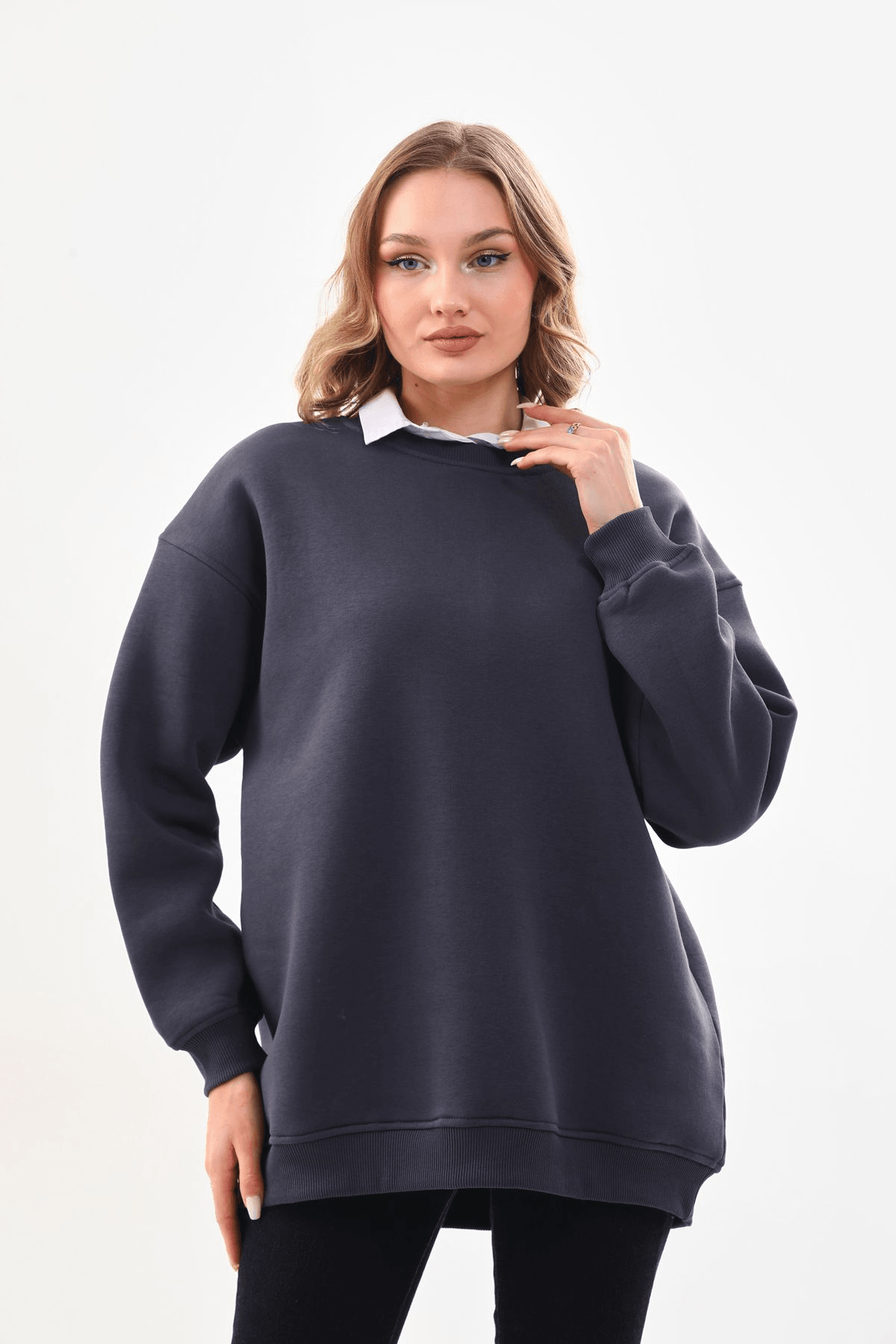 Kadın Füme Bisiklet Yaka Oversize Sweatshirt image