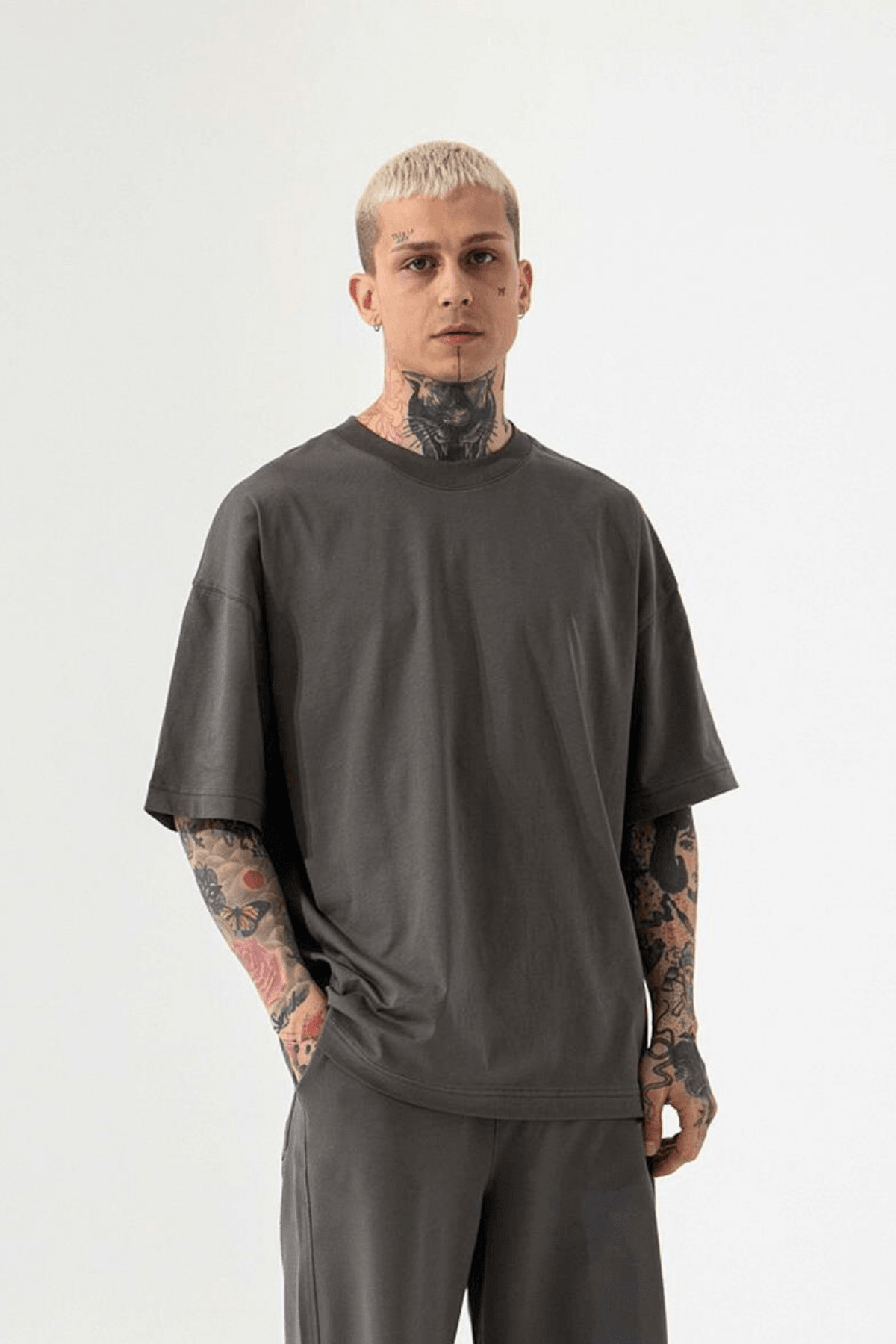 Erkek Füme Oversize Fit Rahat T-Shirt image