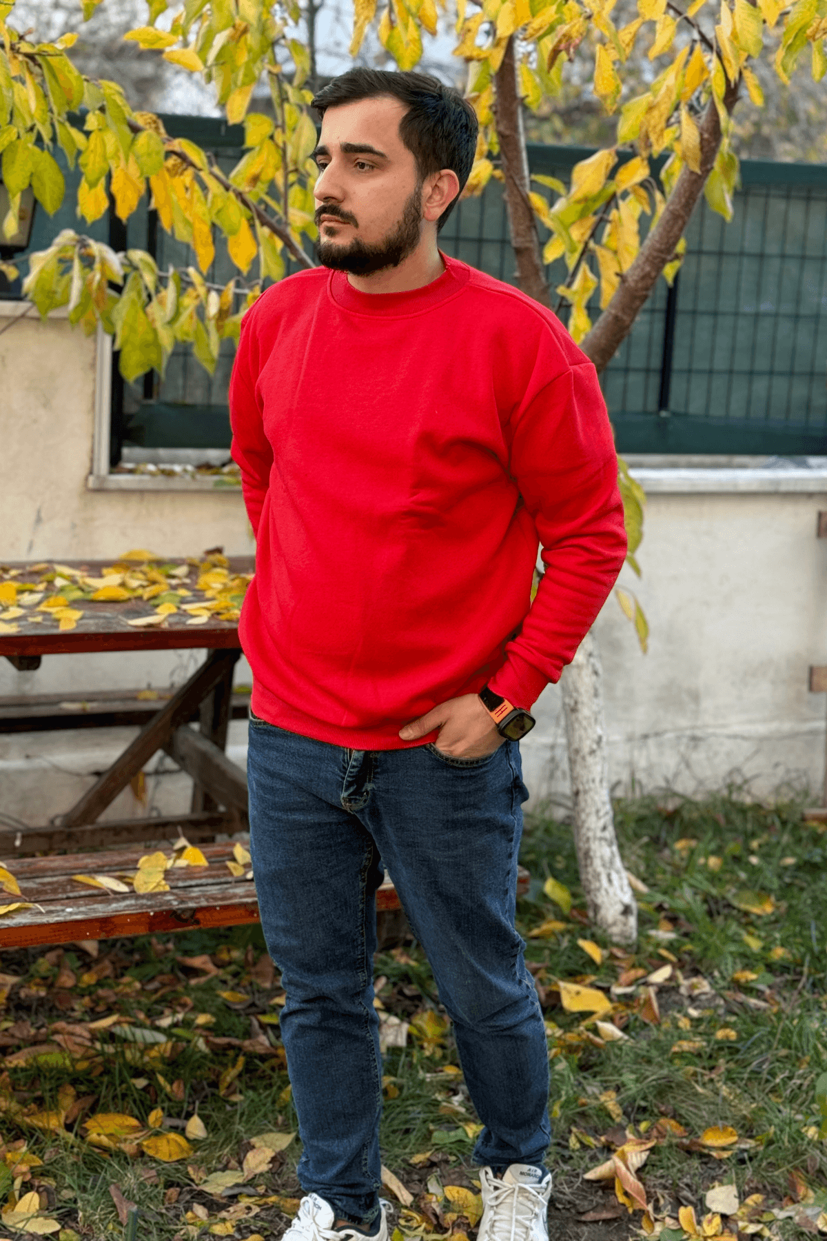 Erkek Kırmızı 3 İplik Oversize Bisiklet Yaka Sweatshirt