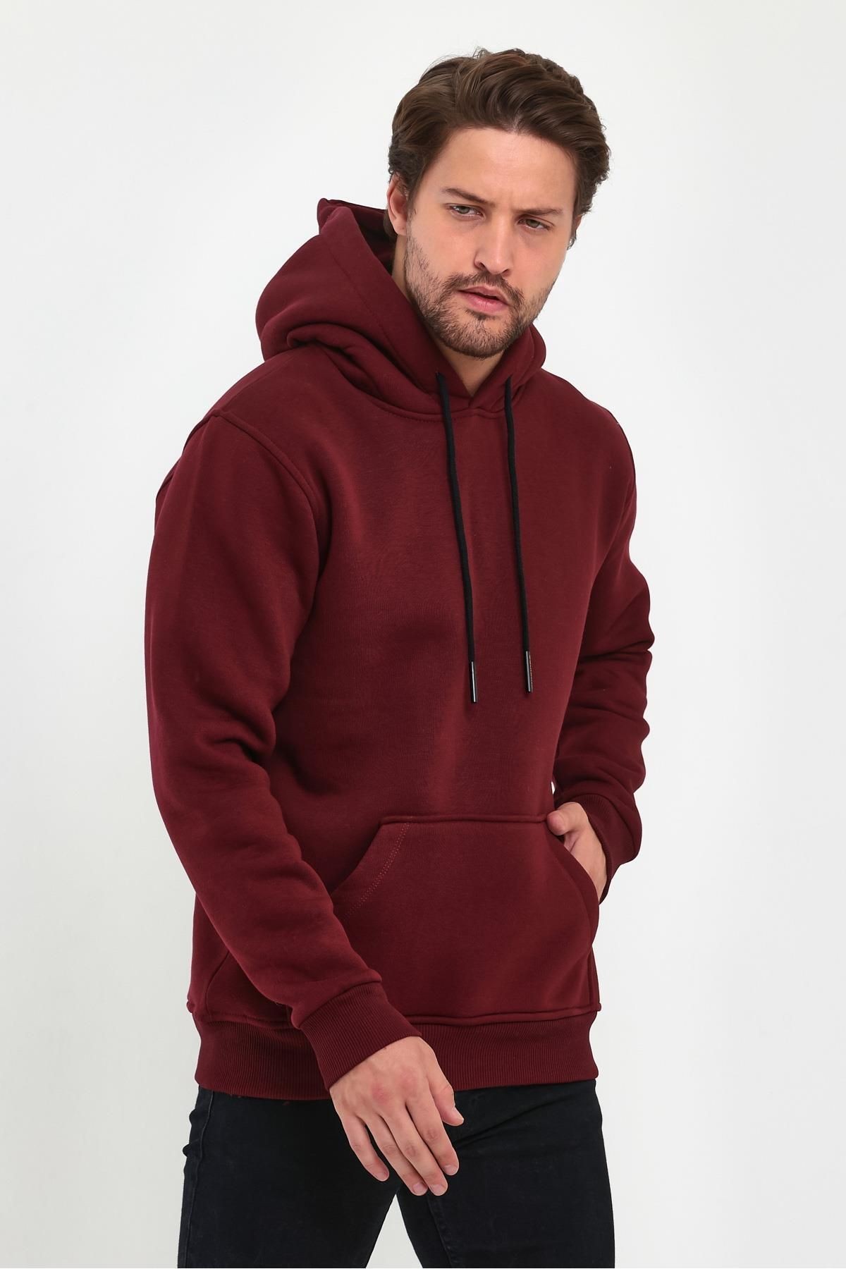 Erkek Bordo Kapşonlu Kanguru Cep Hoodie Sweatshirt