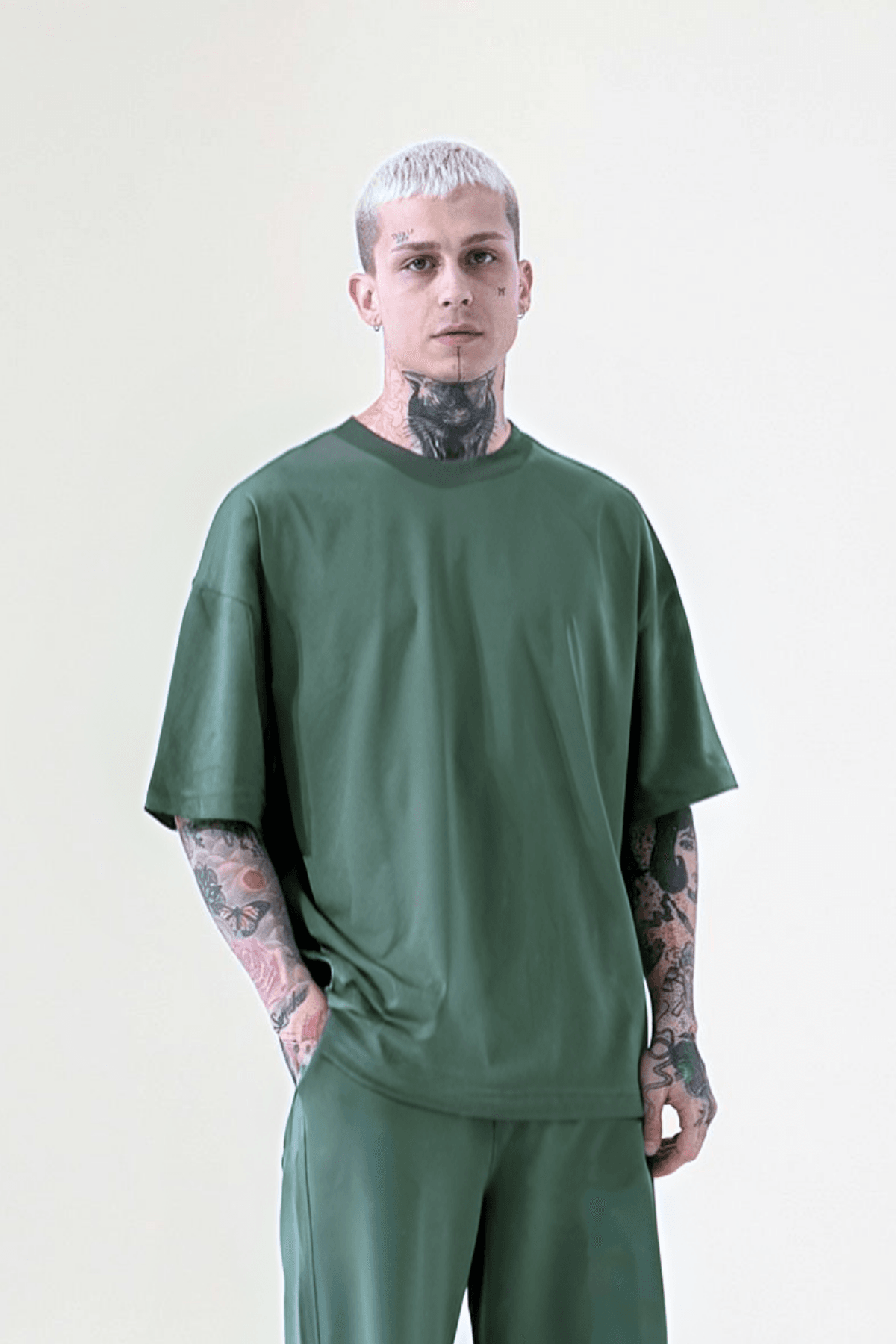 Erkek Yeşil Oversize Fit Rahat T-Shirt image