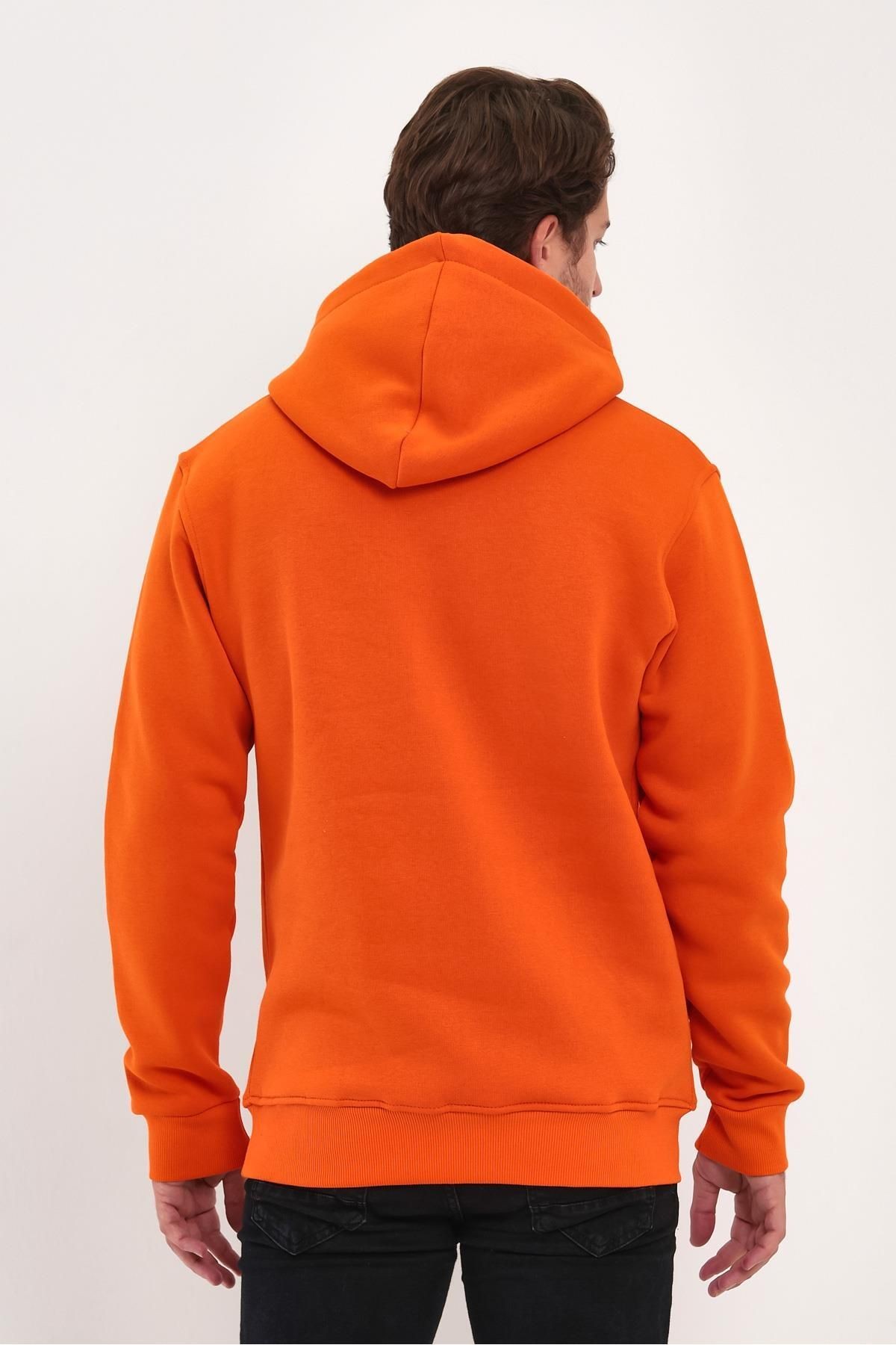 Erkek Turuncu Kapşonlu Kanguru Cep Hoodie Sweatshirt