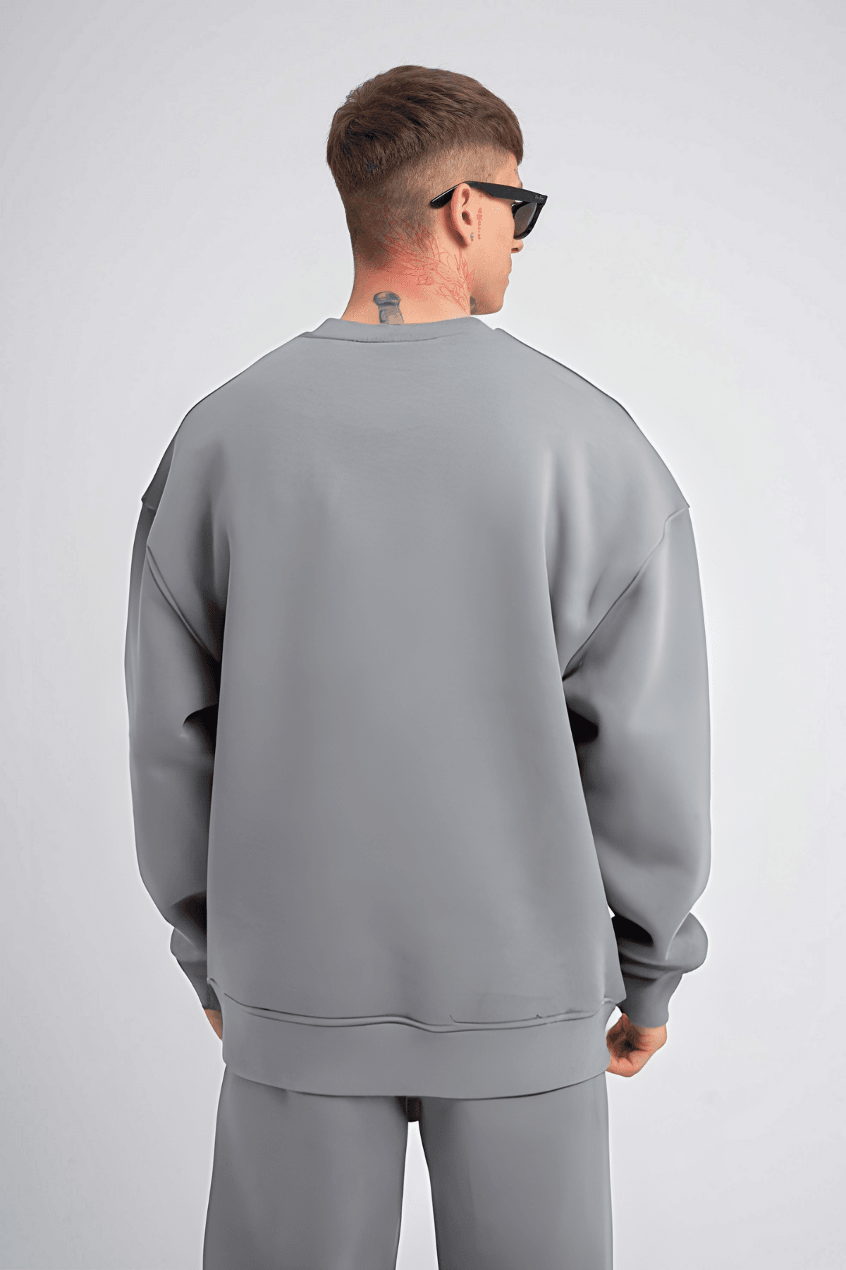 Erkek Gri Oversize Bol Kesim Kalın Uzun Kollu Sweatshirt