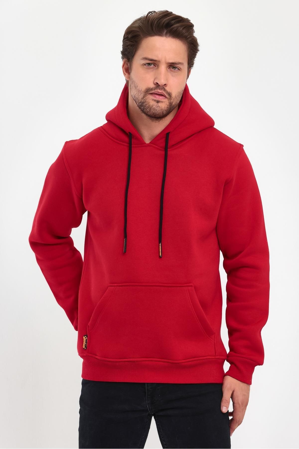 Erkek Kırmızı Kapşonlu Kanguru Cep Hoodie Sweatshirt image