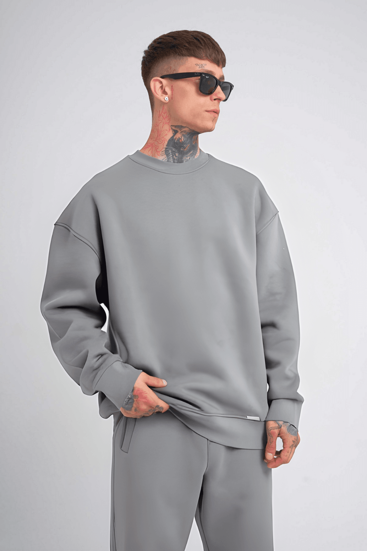 Erkek Gri Oversize Bol Kesim Kalın Uzun Kollu Sweatshirt image