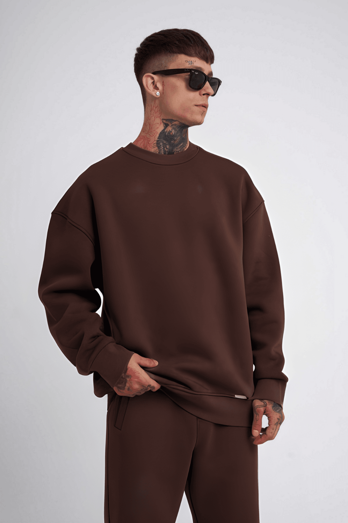 Erkek Kahverengi Oversize Bol Kesim Kalın Uzun Kollu Sweatshirt image