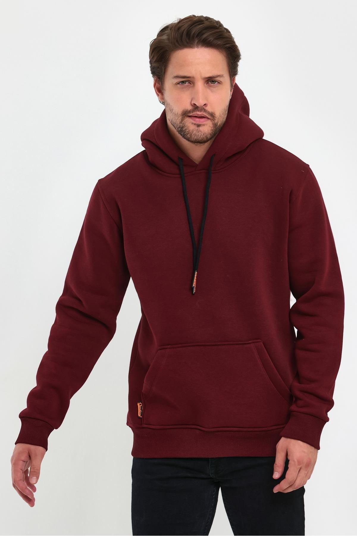 Erkek Bordo Kapşonlu Kanguru Cep Hoodie Sweatshirt