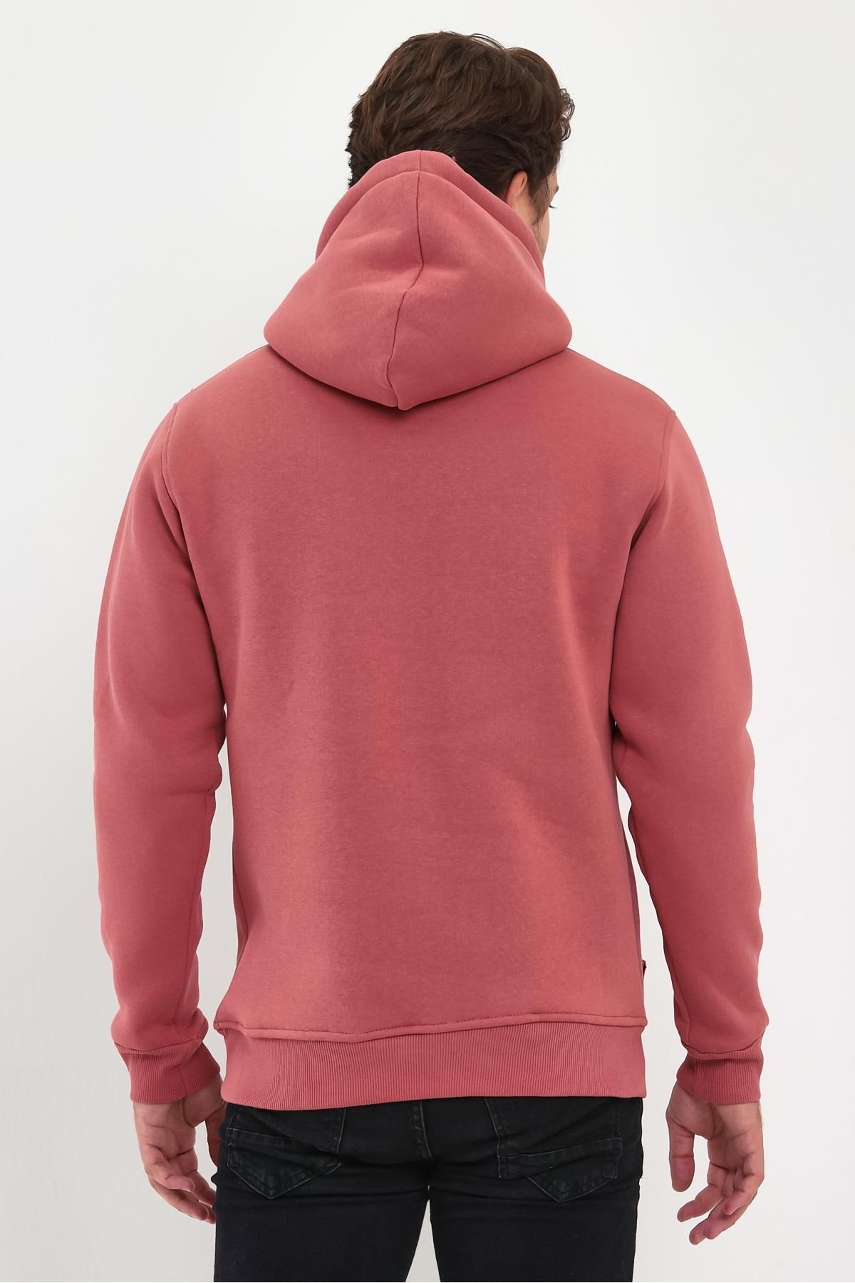 Erkek Mürdüm Kapşonlu Kanguru Cep Hoodie Sweatshirt