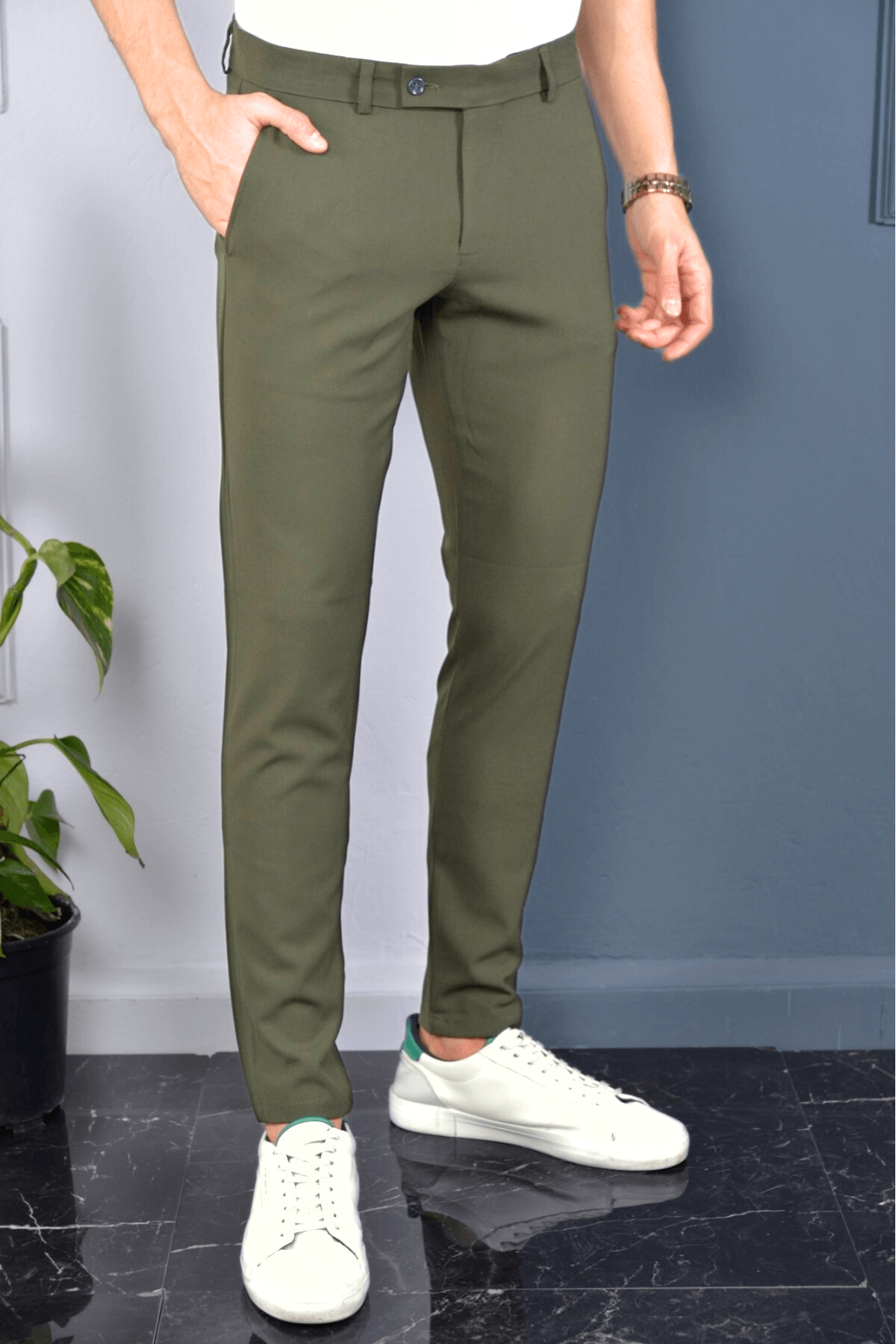 Slim-fit Riklalı dar kesim pantolon Haki image