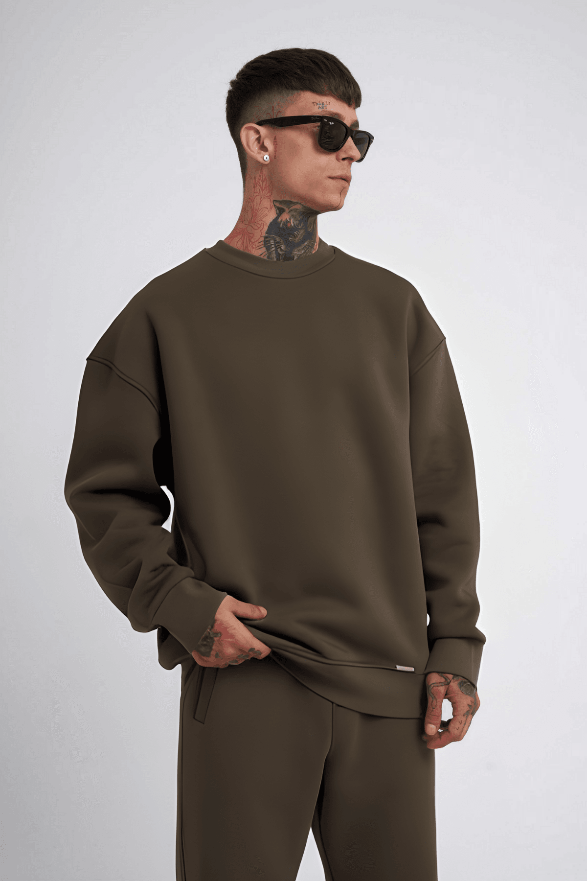 Erkek Haki Oversize Bol Kesim Kalın Uzun Kollu Sweatshirt image