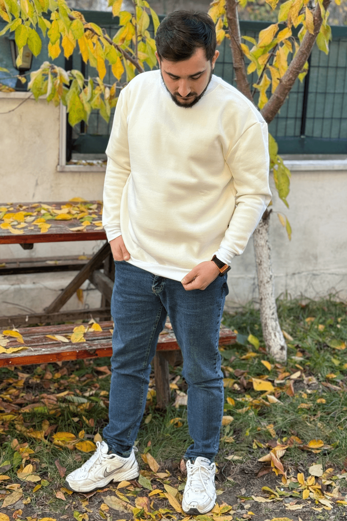 Erkek Bej 3 İplik Oversize Bisiklet Yaka Sweatshirt