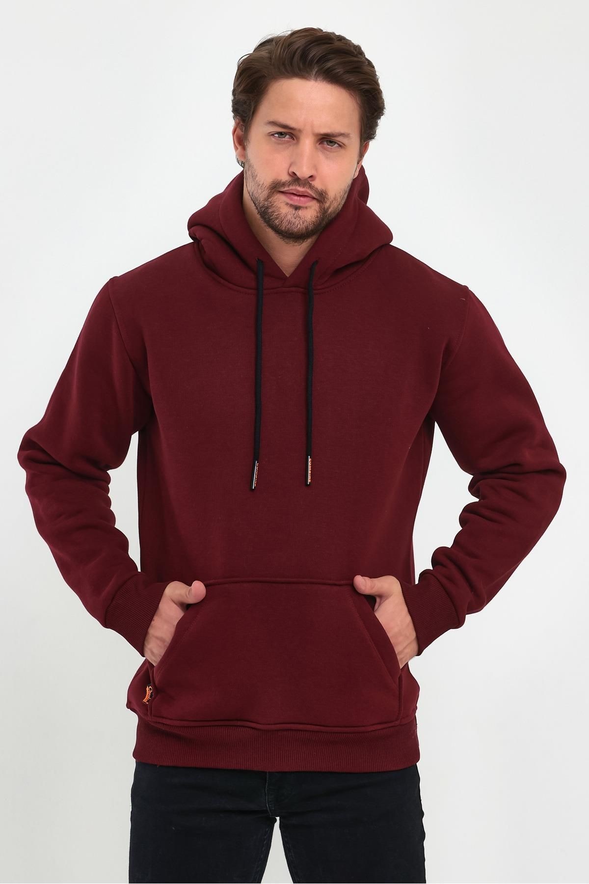 Erkek Bordo Kapşonlu Kanguru Cep Hoodie Sweatshirt image