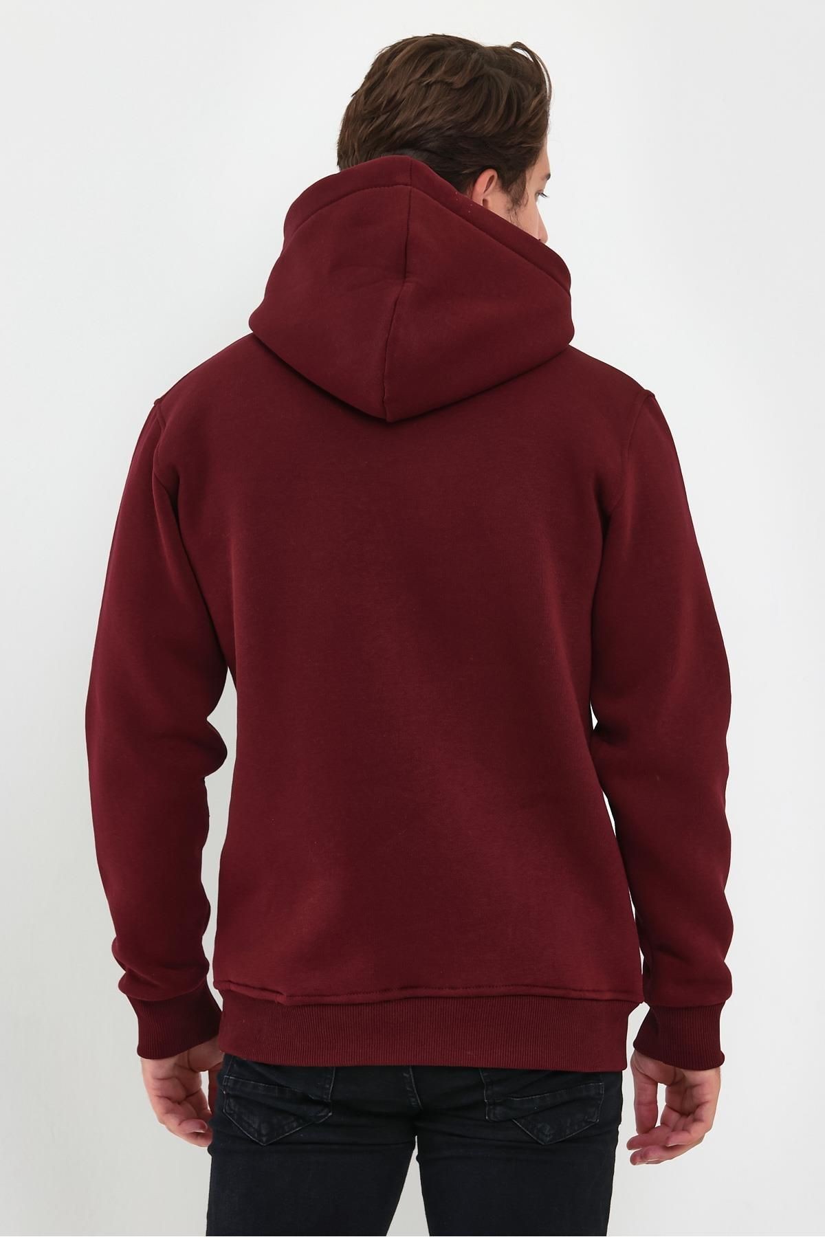 Erkek Bordo Kapşonlu Kanguru Cep Hoodie Sweatshirt