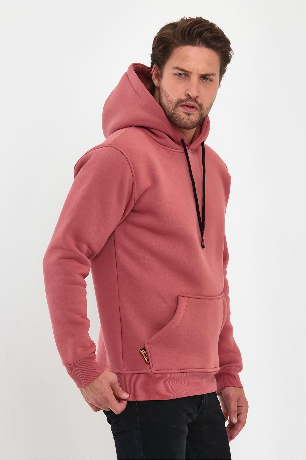 Erkek Mürdüm Kapşonlu Kanguru Cep Hoodie Sweatshirt