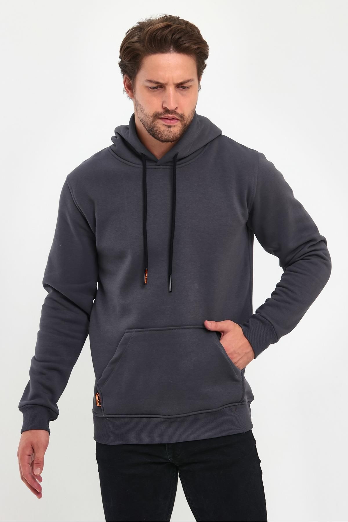 Erkek Füme Kapşonlu Kanguru Cep Hoodie Sweatshirt