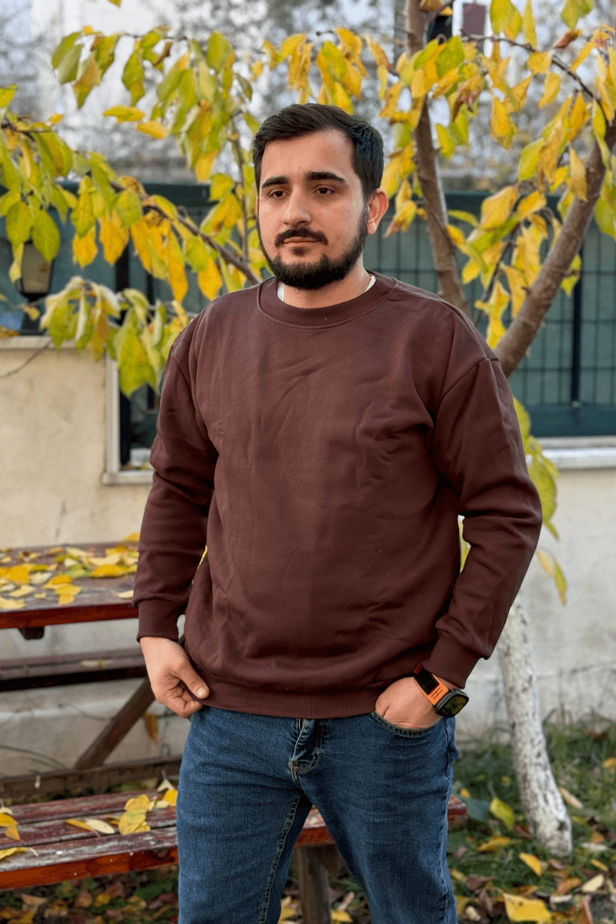 Erkek Kahverengi 3 İplik Oversize Bisiklet Yaka Sweatshirt