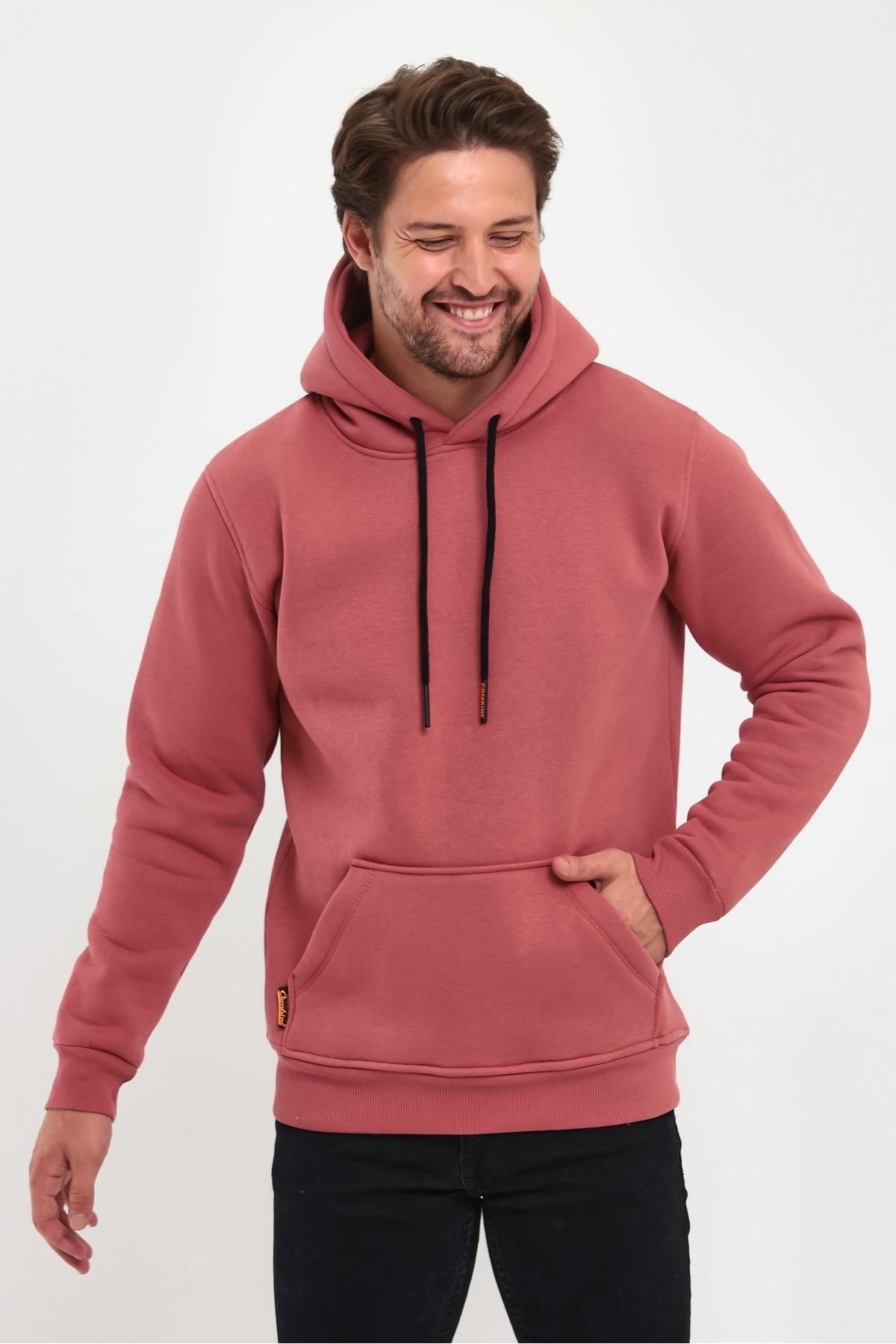 Erkek Mürdüm Kapşonlu Kanguru Cep Hoodie Sweatshirt image