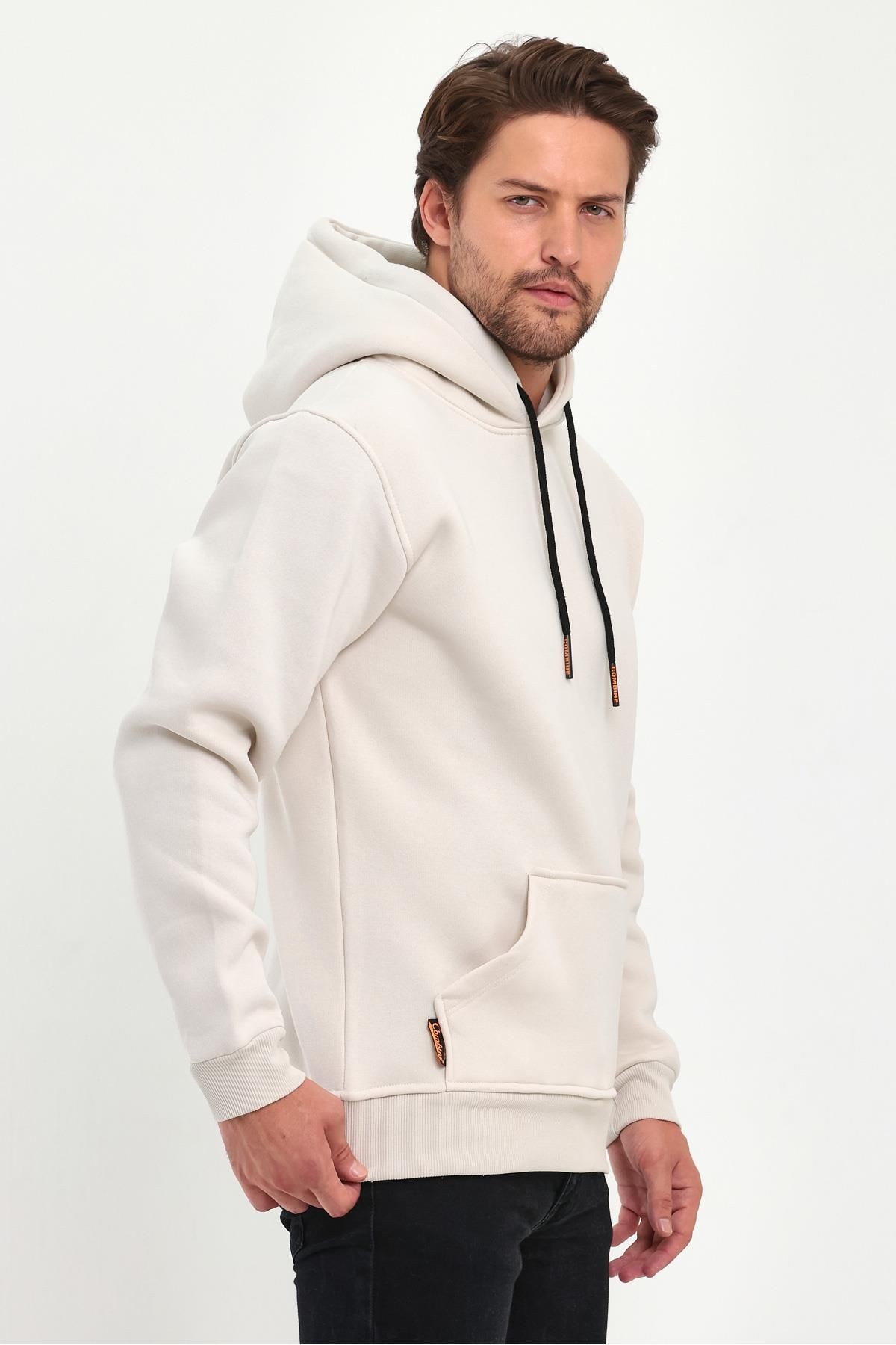 Erkek Bej Kapşonlu Kanguru Cep Hoodie Sweatshirt