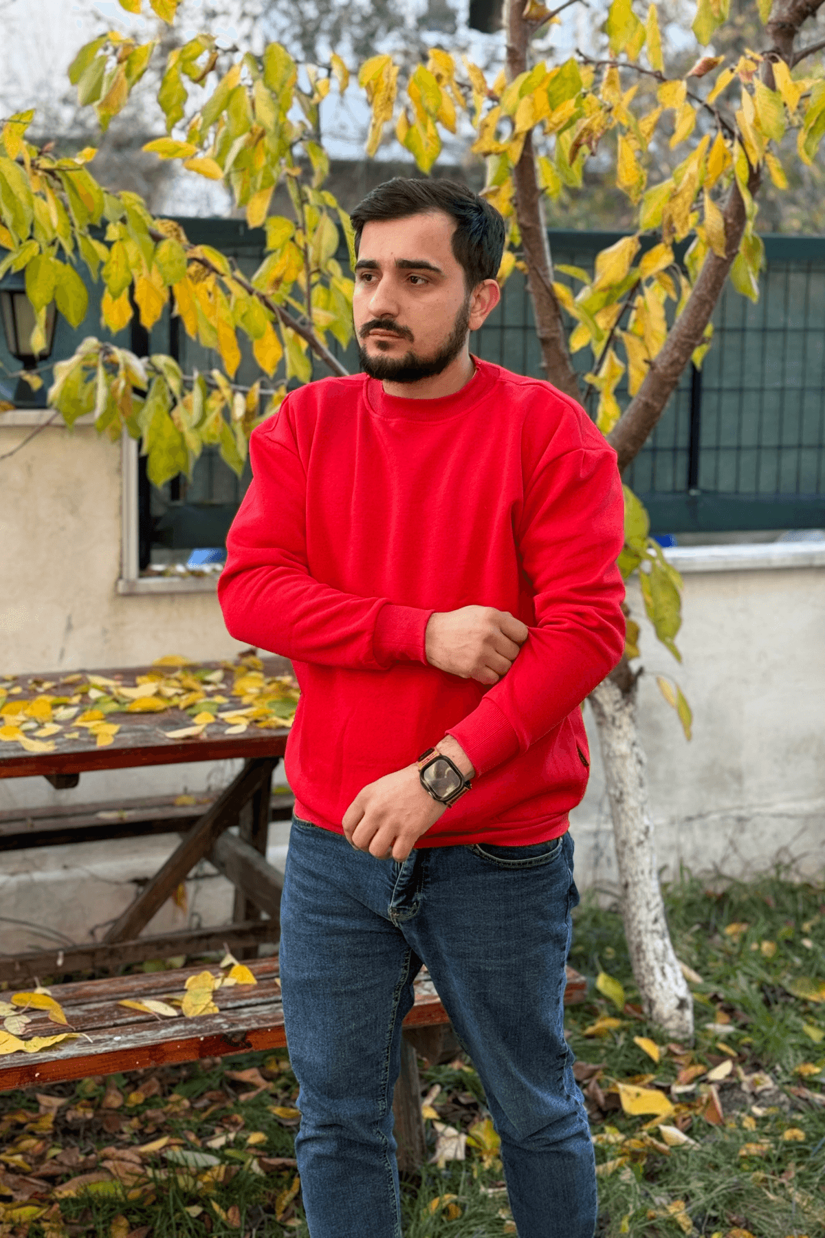 Erkek Kırmızı 3 İplik Oversize Bisiklet Yaka Sweatshirt