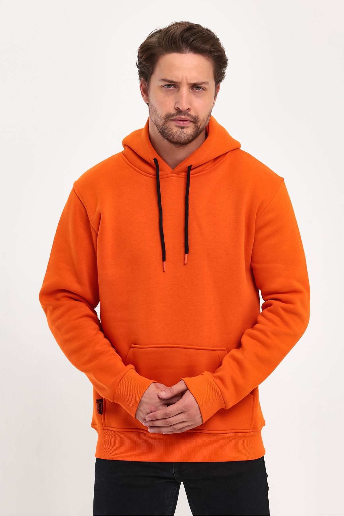 Erkek Turuncu Kapşonlu Kanguru Cep Hoodie Sweatshirt image