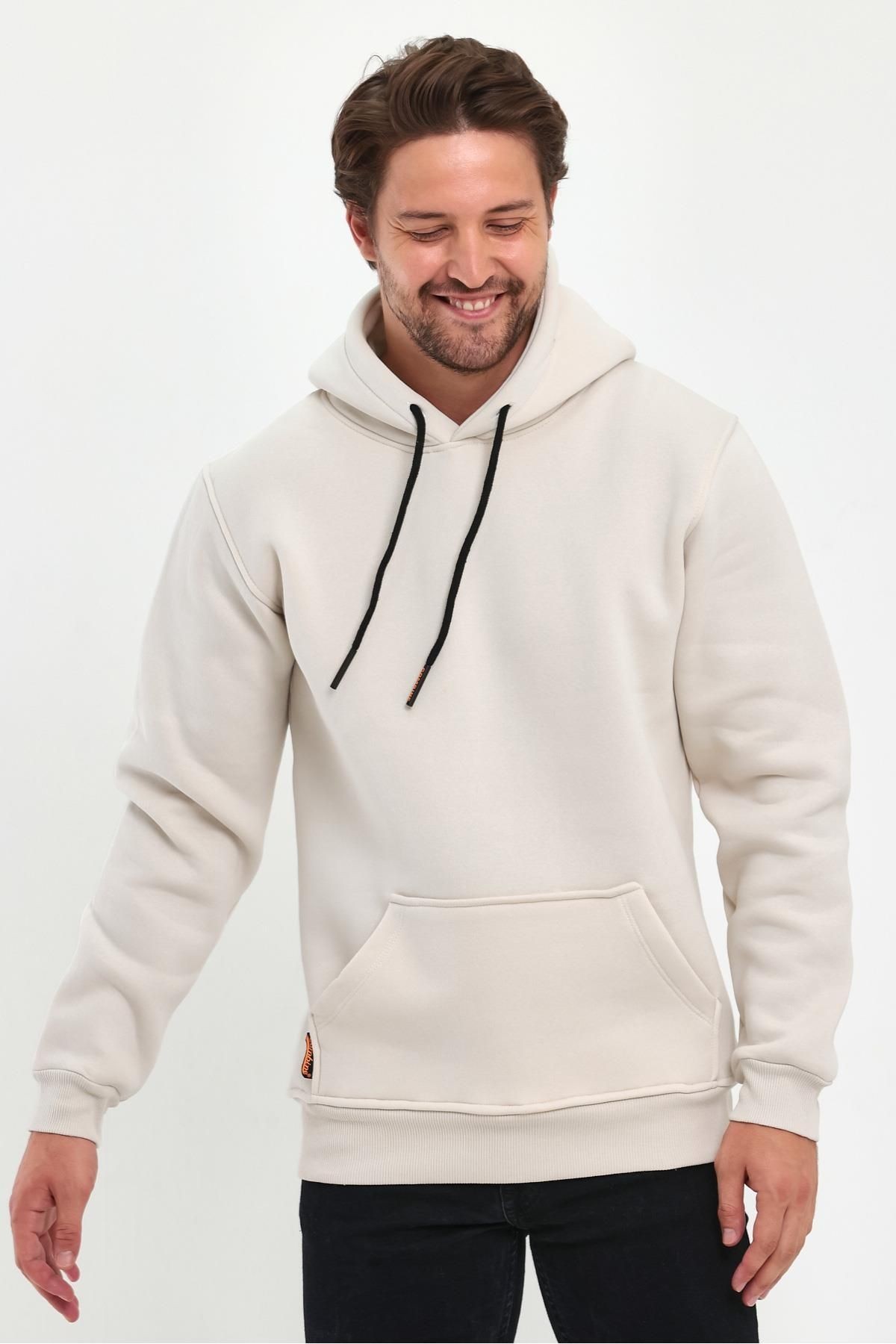 Erkek Bej Kapşonlu Kanguru Cep Hoodie Sweatshirt