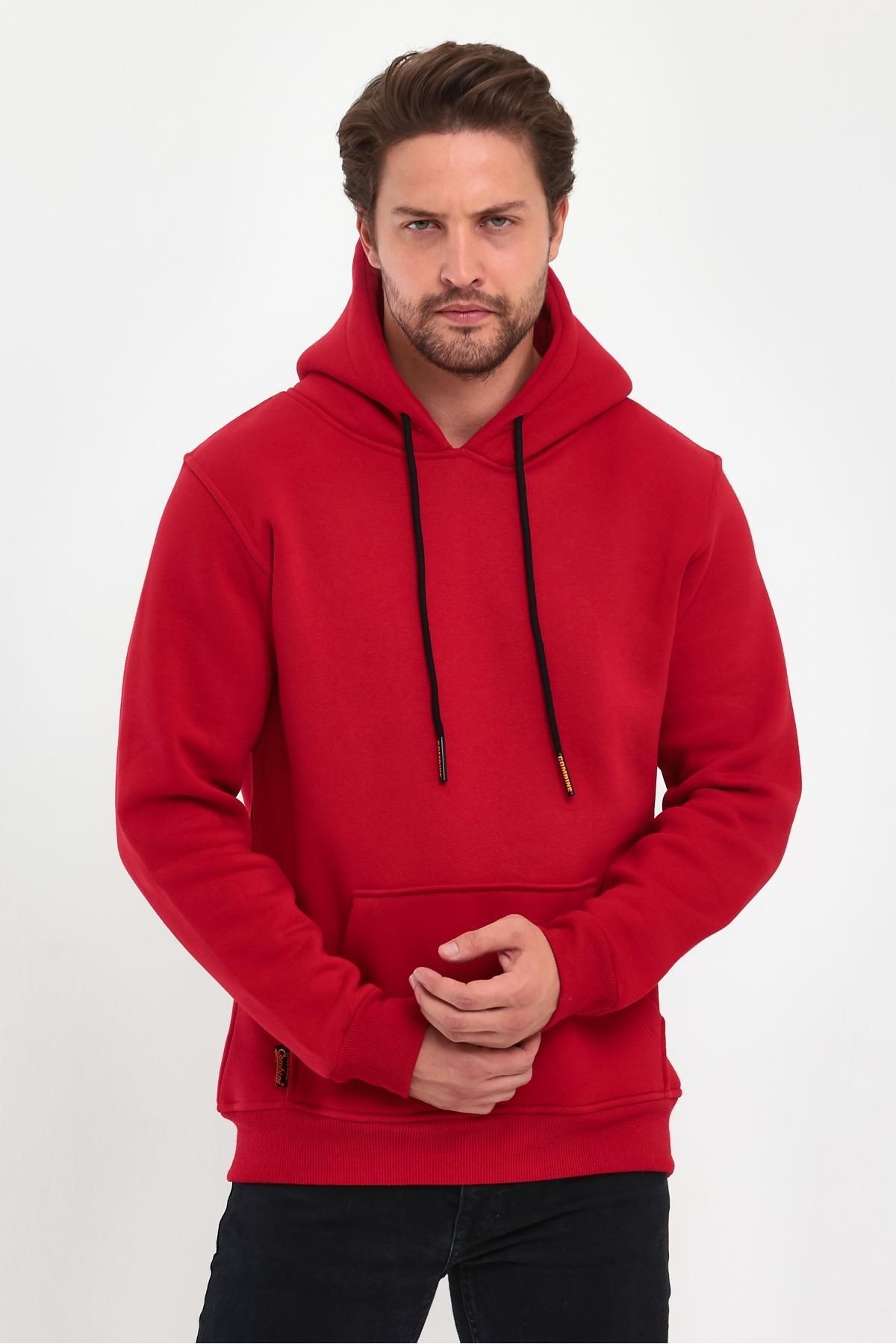 Erkek Kırmızı Kapşonlu Kanguru Cep Hoodie Sweatshirt