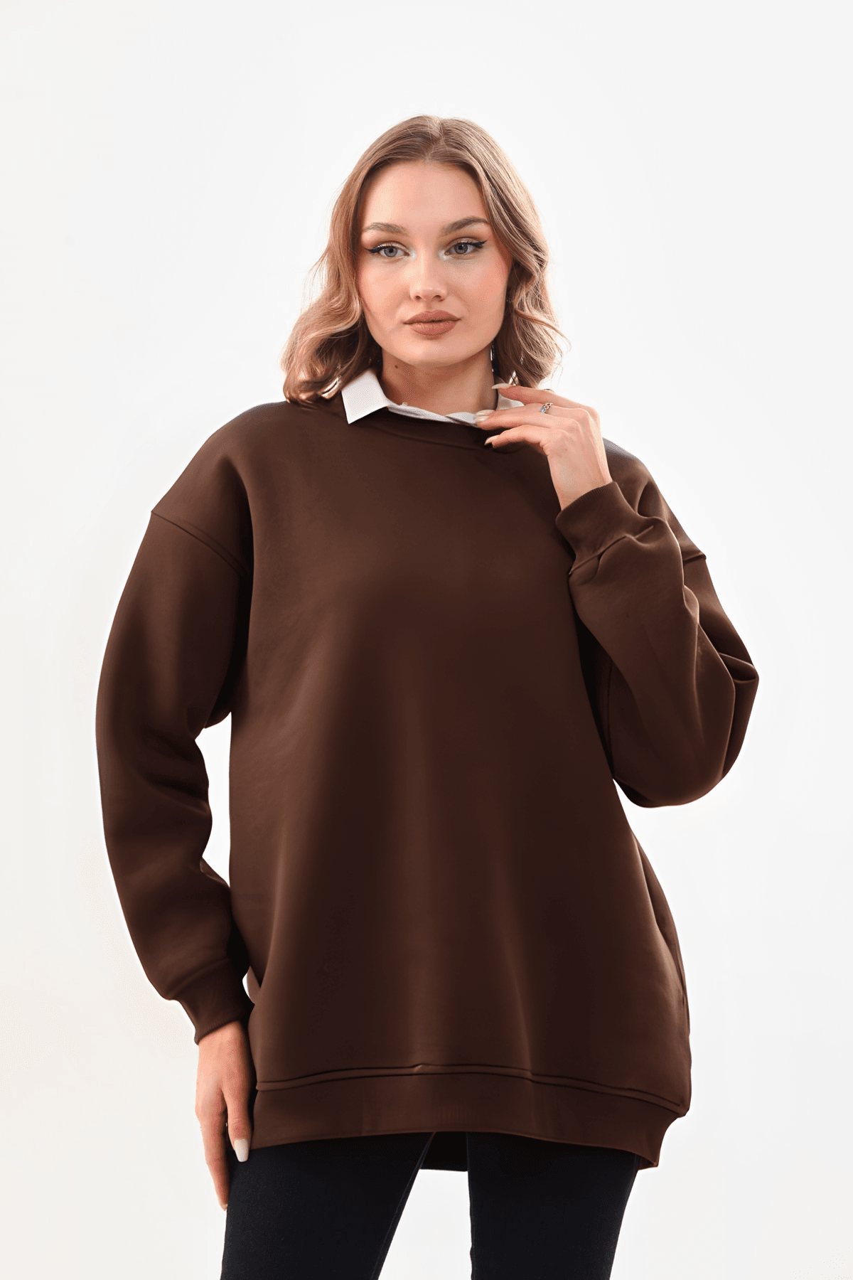 Kadın Kahverengi Bisiklet Yaka Oversize Sweatshirt