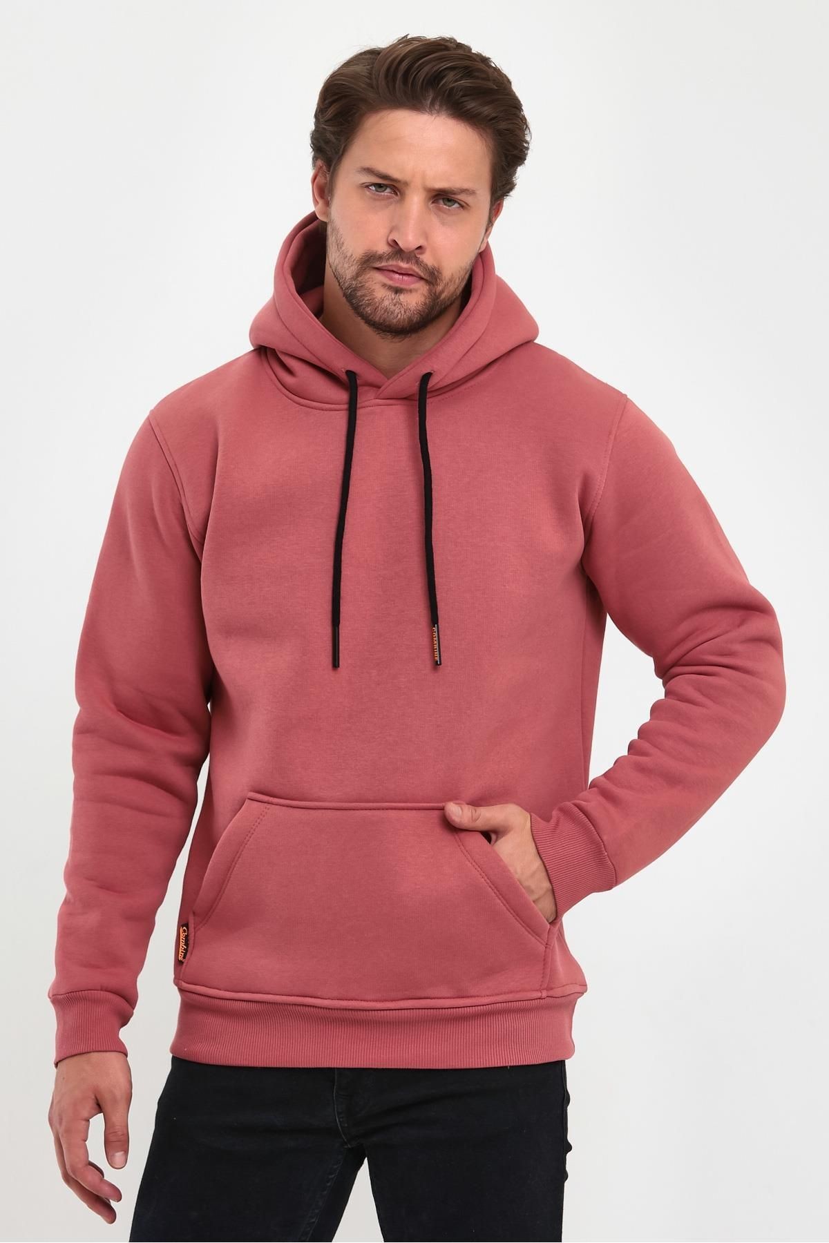 Erkek Mürdüm Kapşonlu Kanguru Cep Hoodie Sweatshirt