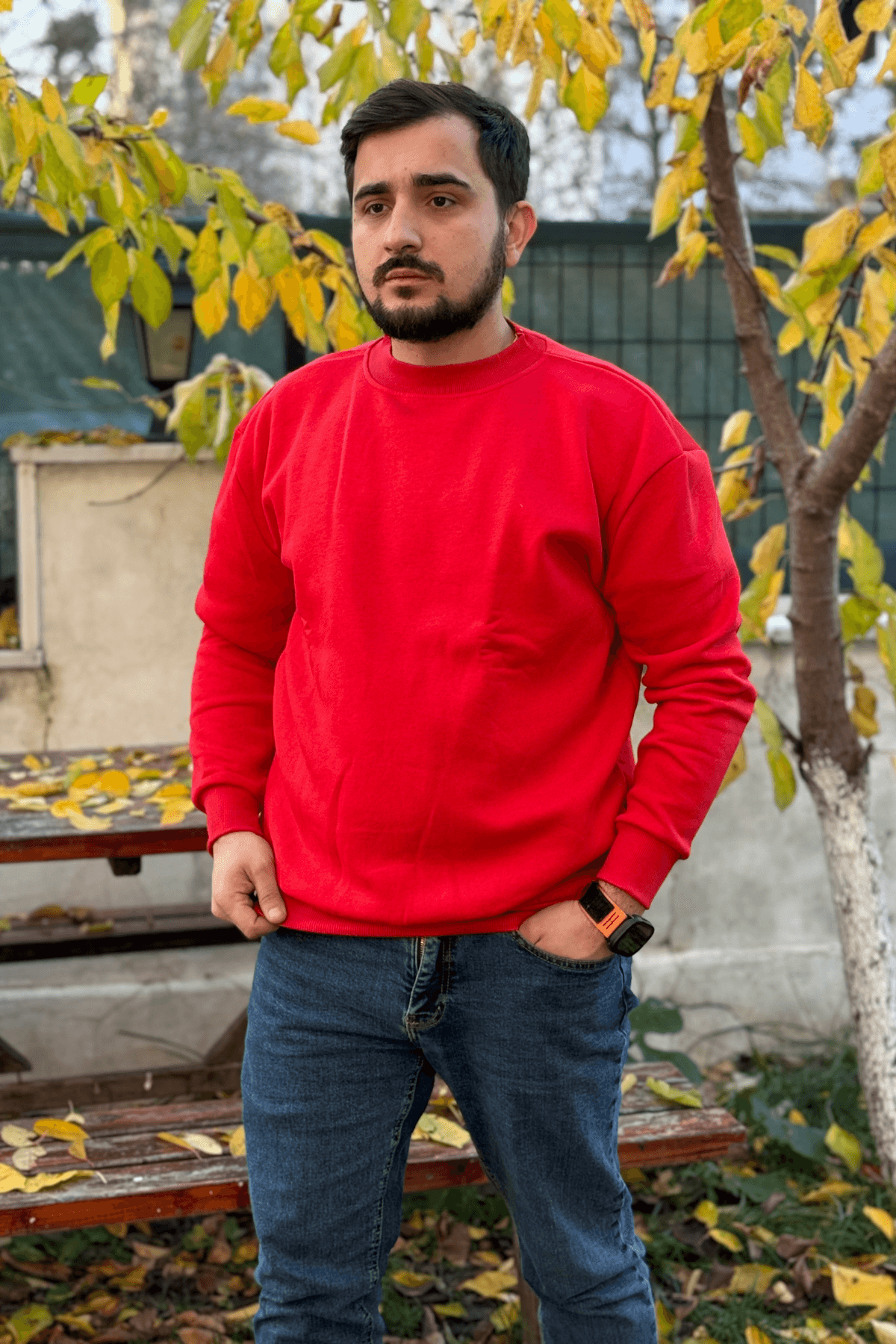 Erkek Kırmızı 3 İplik Oversize Bisiklet Yaka Sweatshirt