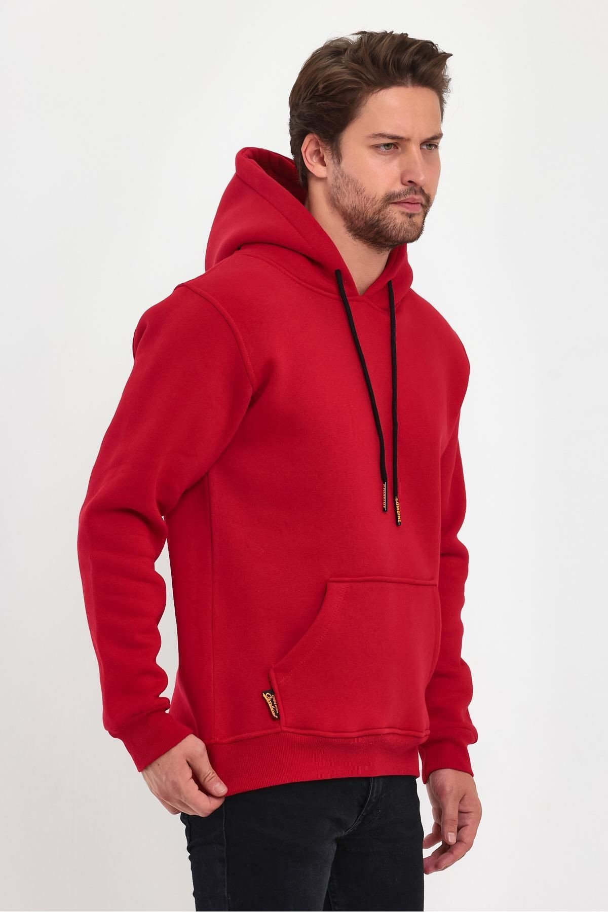 Erkek Kırmızı Kapşonlu Kanguru Cep Hoodie Sweatshirt