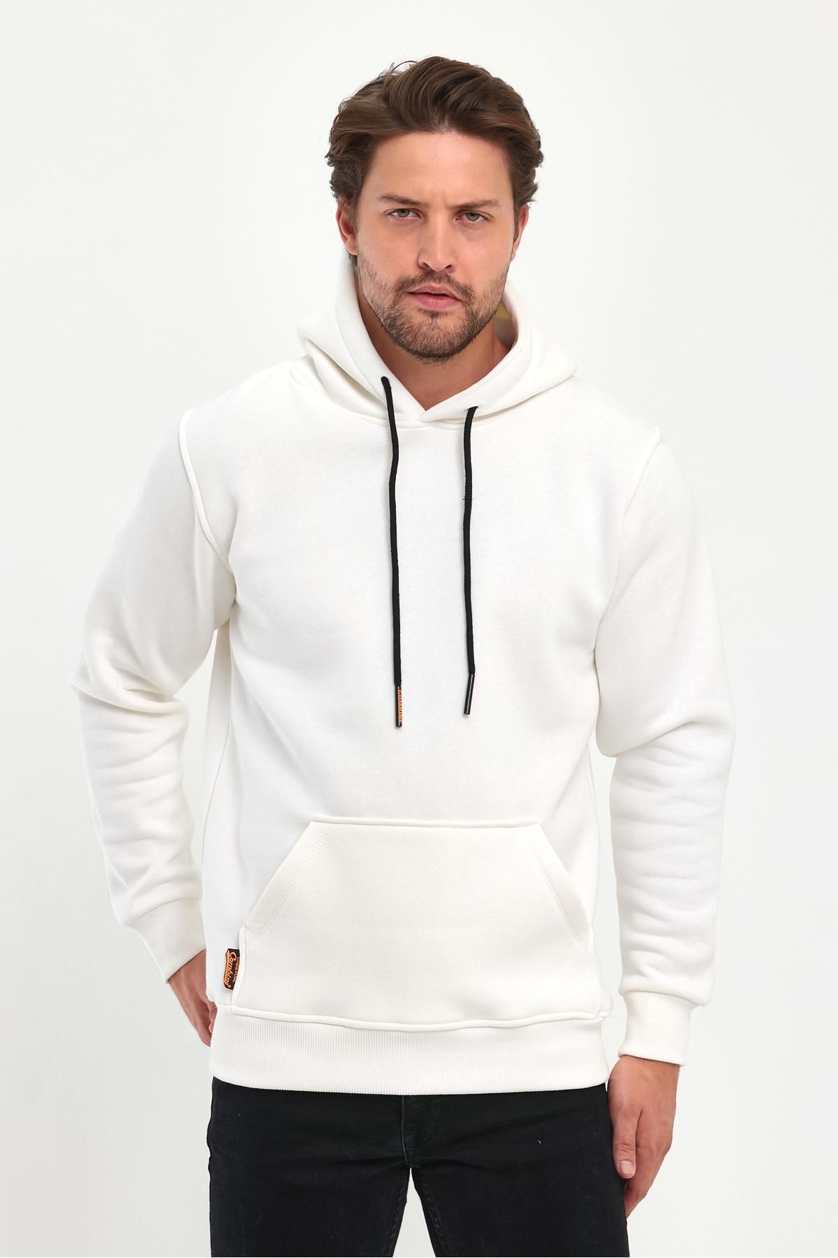 Erkek Beyaz Kapşonlu Kanguru Cep Hoodie Sweatshirt