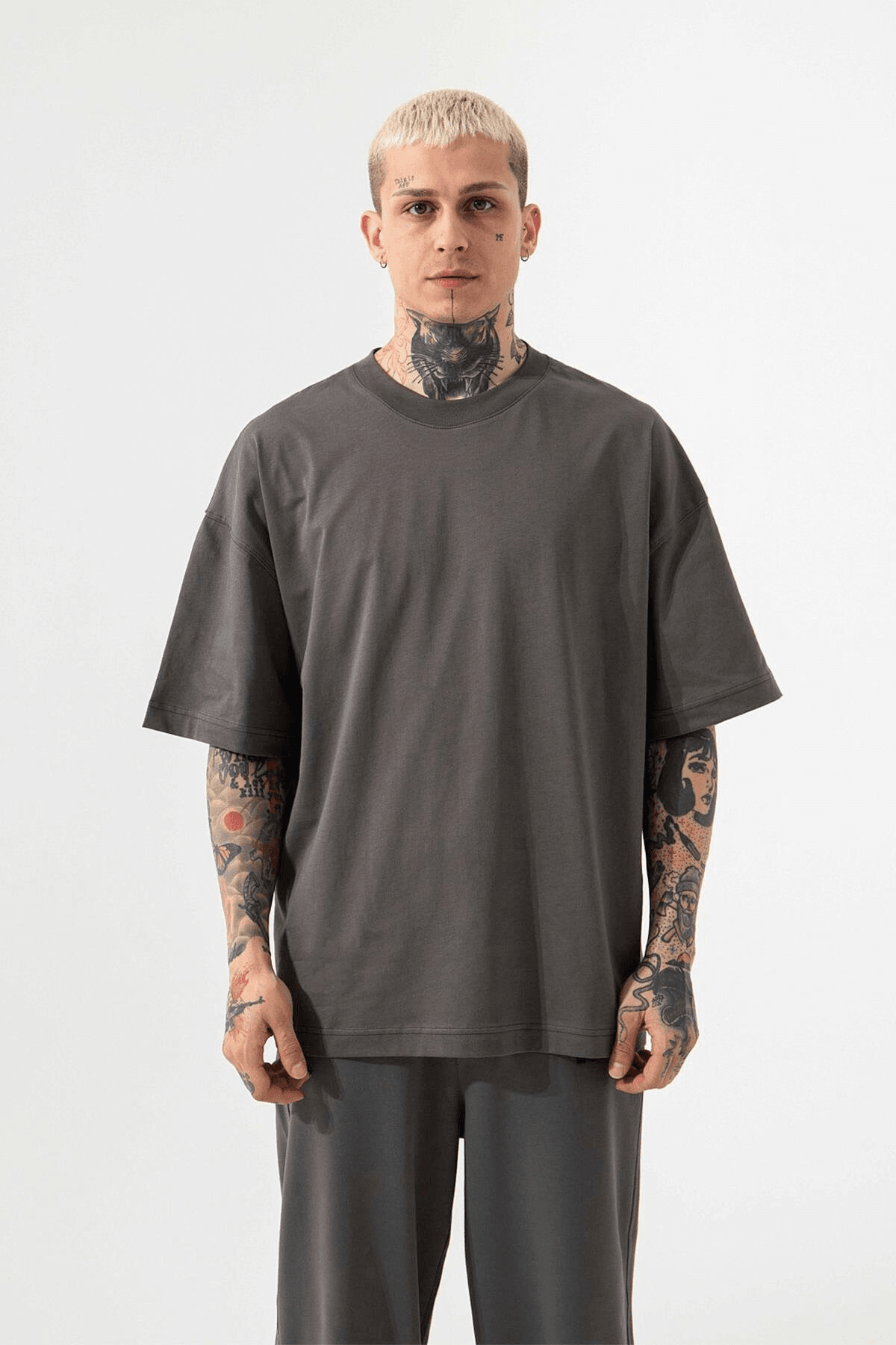 Erkek Füme Oversize Fit Rahat T-Shirt