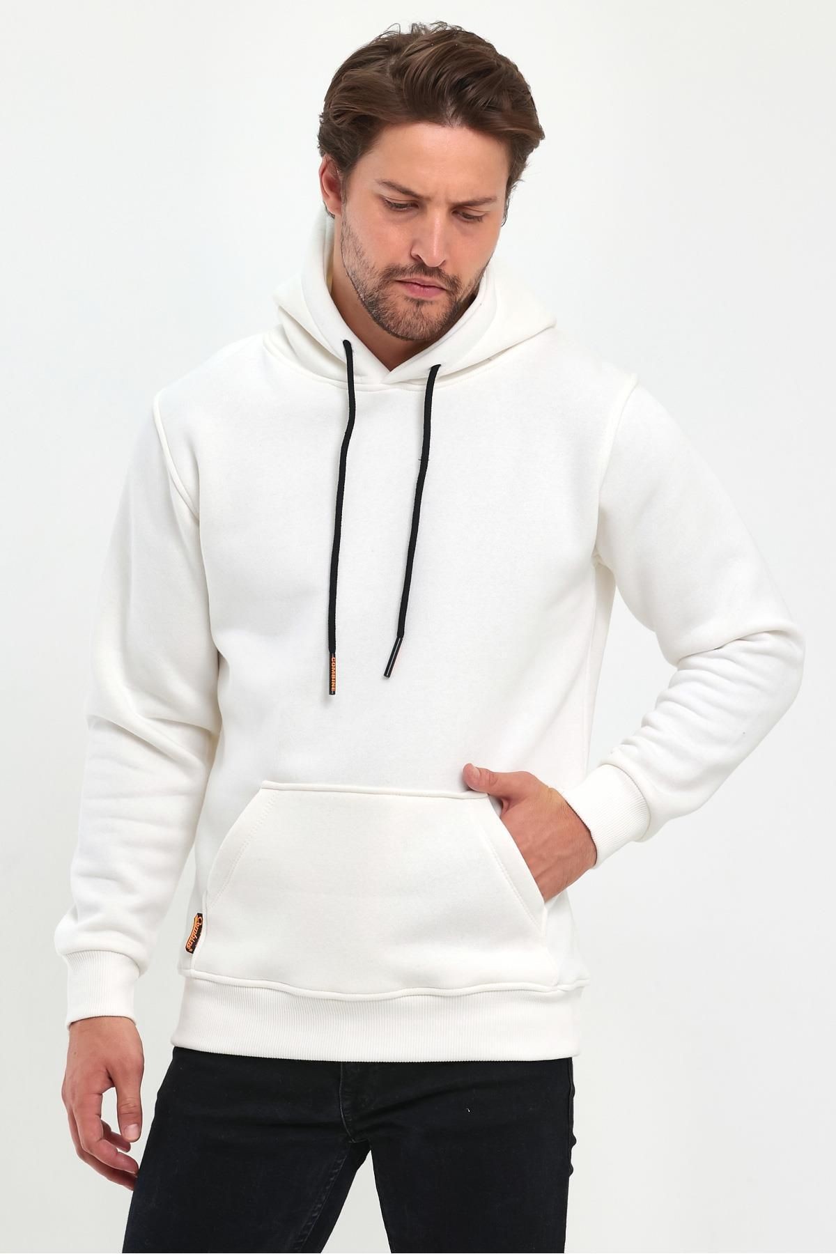 Erkek Beyaz Kapşonlu Kanguru Cep Hoodie Sweatshirt