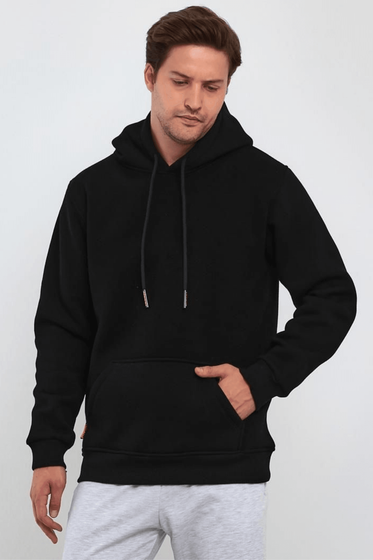 Erkek Siyah Kapşonlu Kanguru Cep Hoodie Sweatshirt