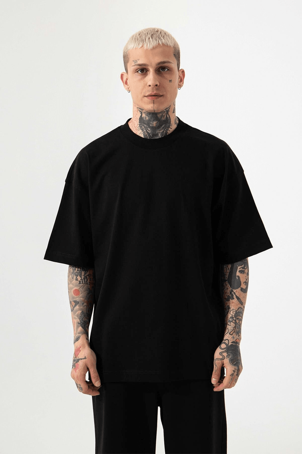 Erkek Siyah Oversize Fit Rahat T-Shirt image