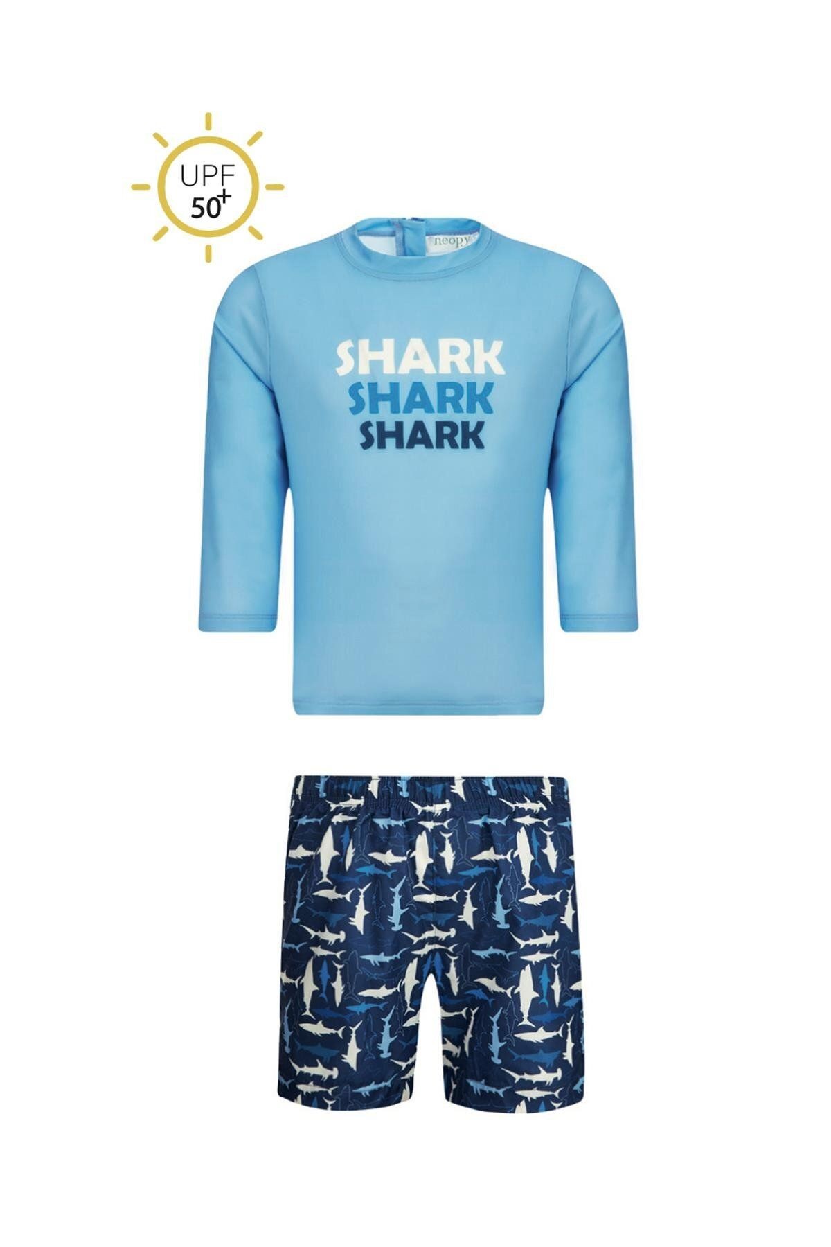 UPF 50+ Korumalı Çocuk Mayo Mavi Shark Shark Shark Baskılı 5605