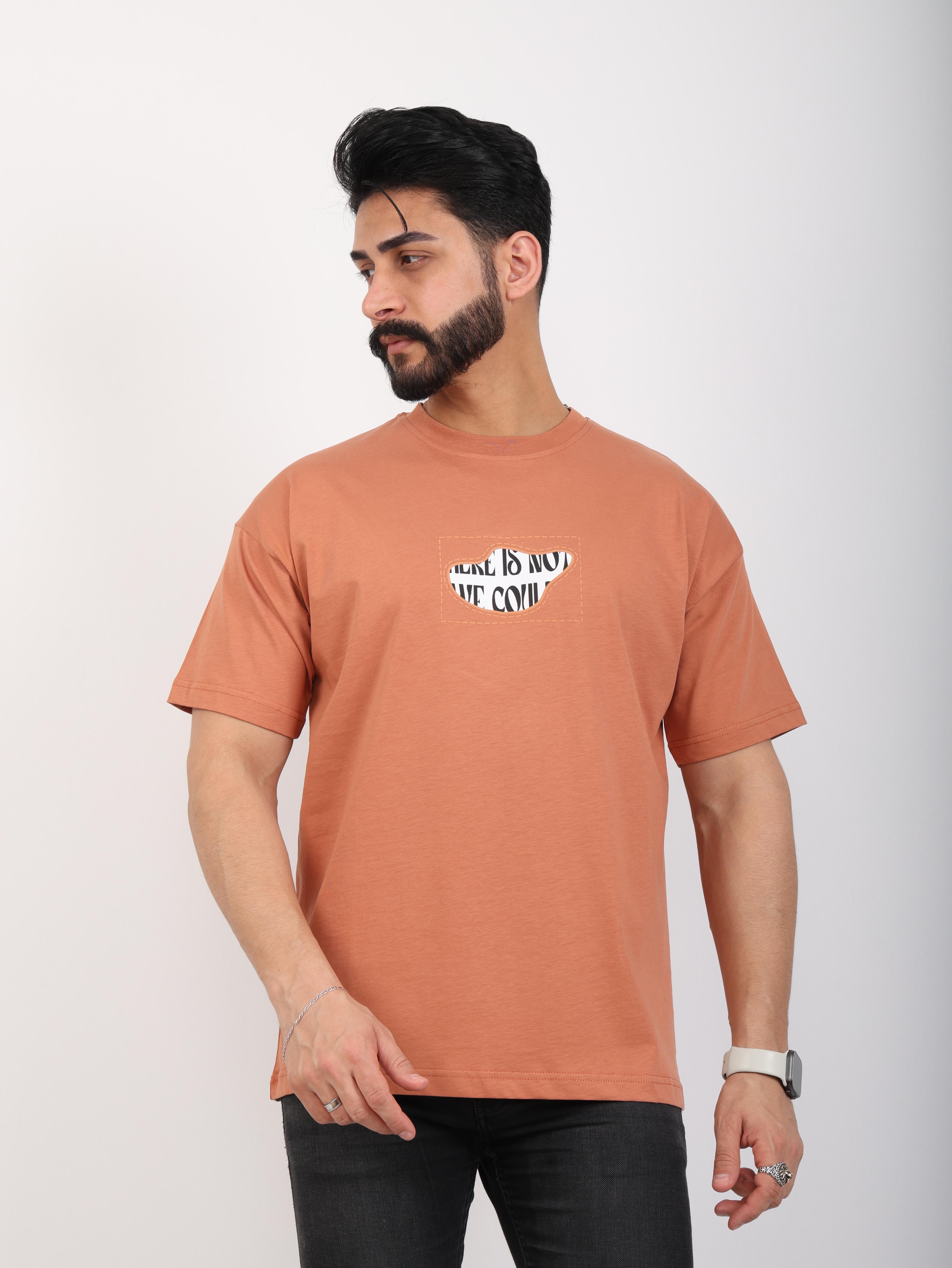 Erkek Bisiklet Yaka Baskılı Oversize Tişört - Turuncu